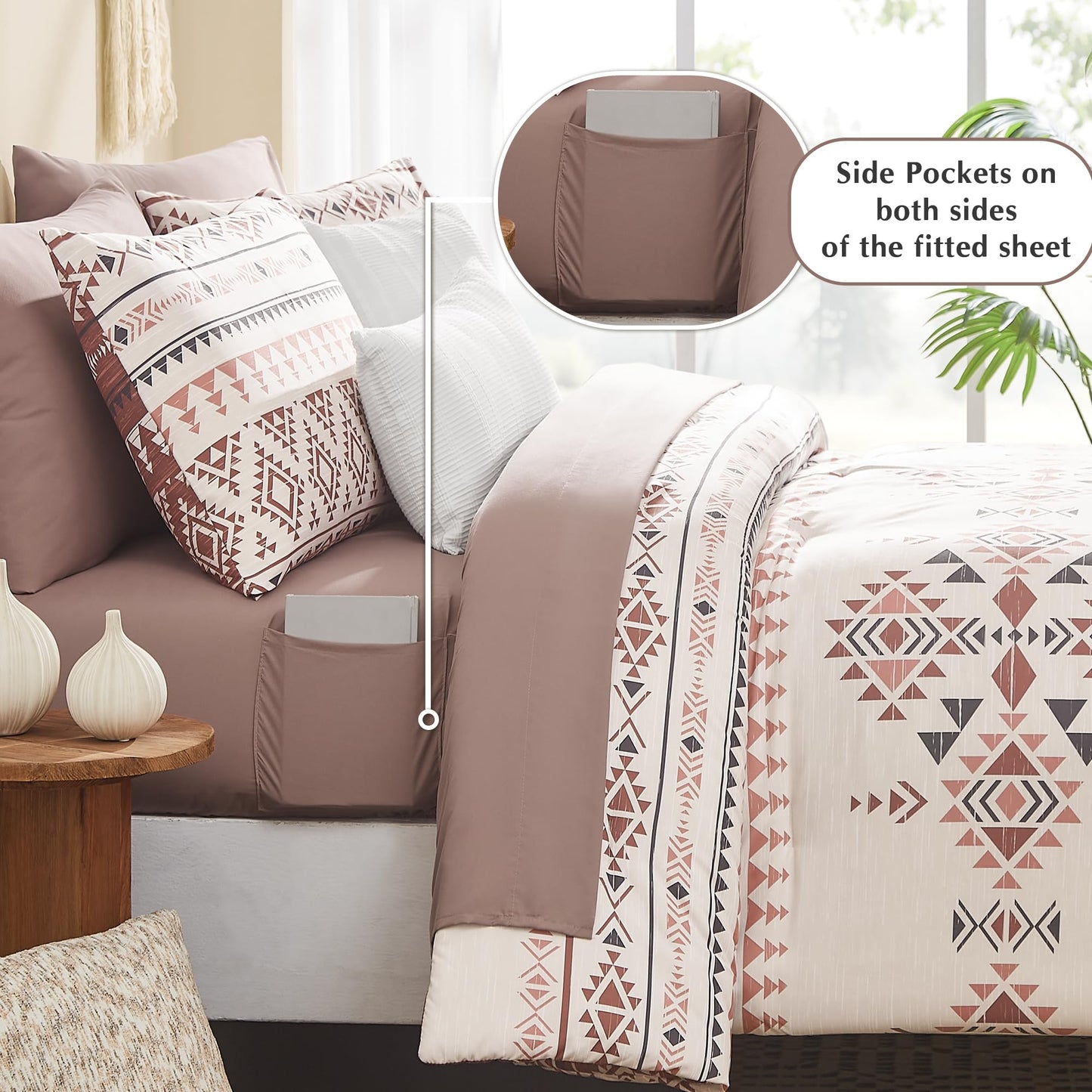 Geniospin Queen Comforter Set - 7 Pieces Reversible Bedding Set, Boho Bed in A Bag, Lightweight Soft Aztec Bedding, All Season Bed Comforter Set with Sheets, Pillowcases & Shams
