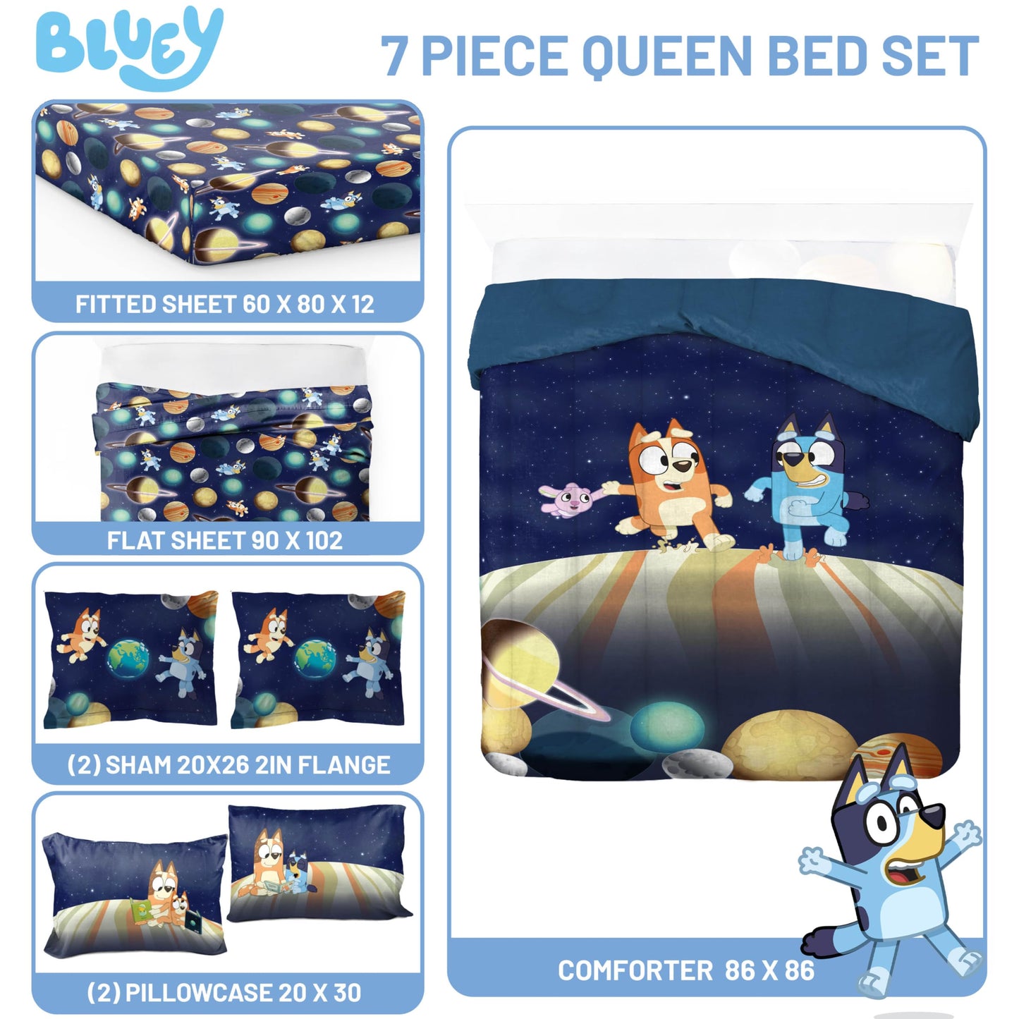 Jay Franco Kids Comforter Set Includes Sheets and Pillow Covers - Soft and Cozy Bed Set for Stylish Room Decor, Blue - Bluey & Bingo, 7 Piece Queen