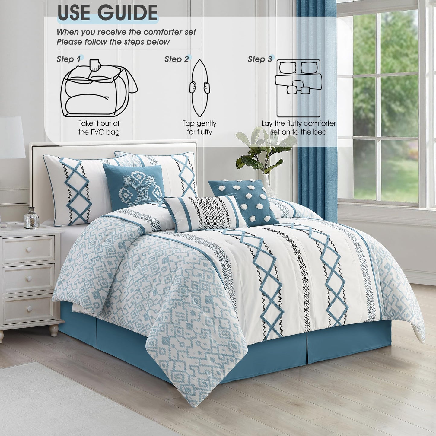 LANCO MODERN LIFESTYLE Blue Queen Comforter Set, 7 Pieces All Season Bedding Sets in a Bag with Geometric Terry Embroidered Comforter, Bed Skirt, Pillow Shams and Decorative Pillows