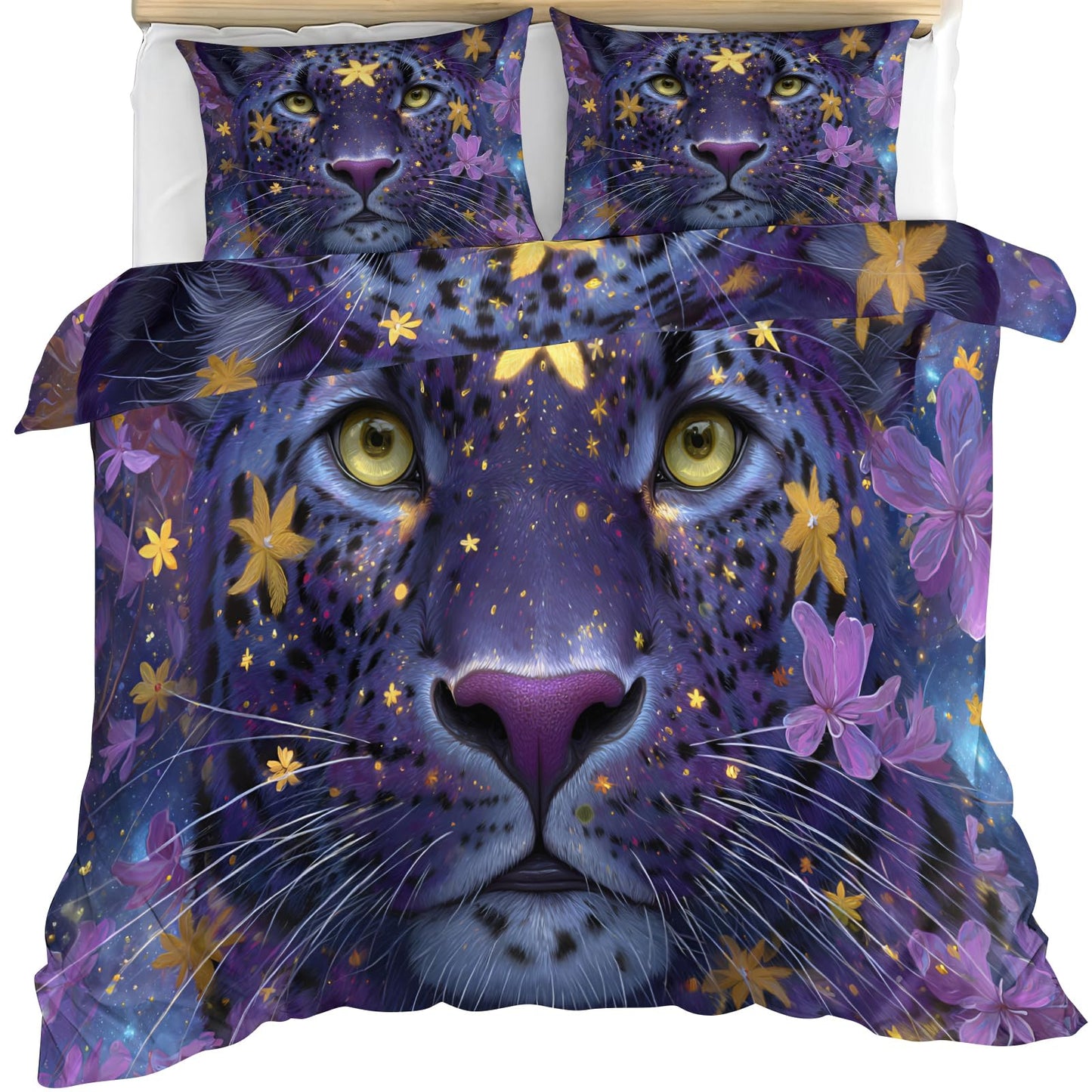 Purple Leopard Duvet Cover Set Twin Size for Women, Starry Sky Bedding Set 3 Piece Microfiber with Zipper Closure & Corner Ties for Teen Adult, Flowers and Animal Comforter Cover with 2 Pillowcases