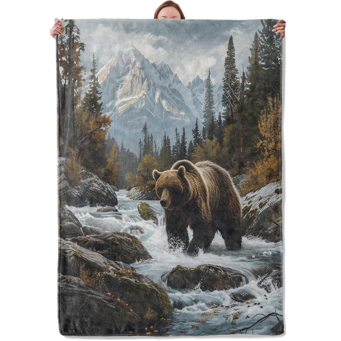 Grizzly Bear Theme Blanket Gifts for Women Girls, Soft Warm Lightweight Flannel Throw Blankets for Living Room Home Sofa Travel Decor 50" x 60"
