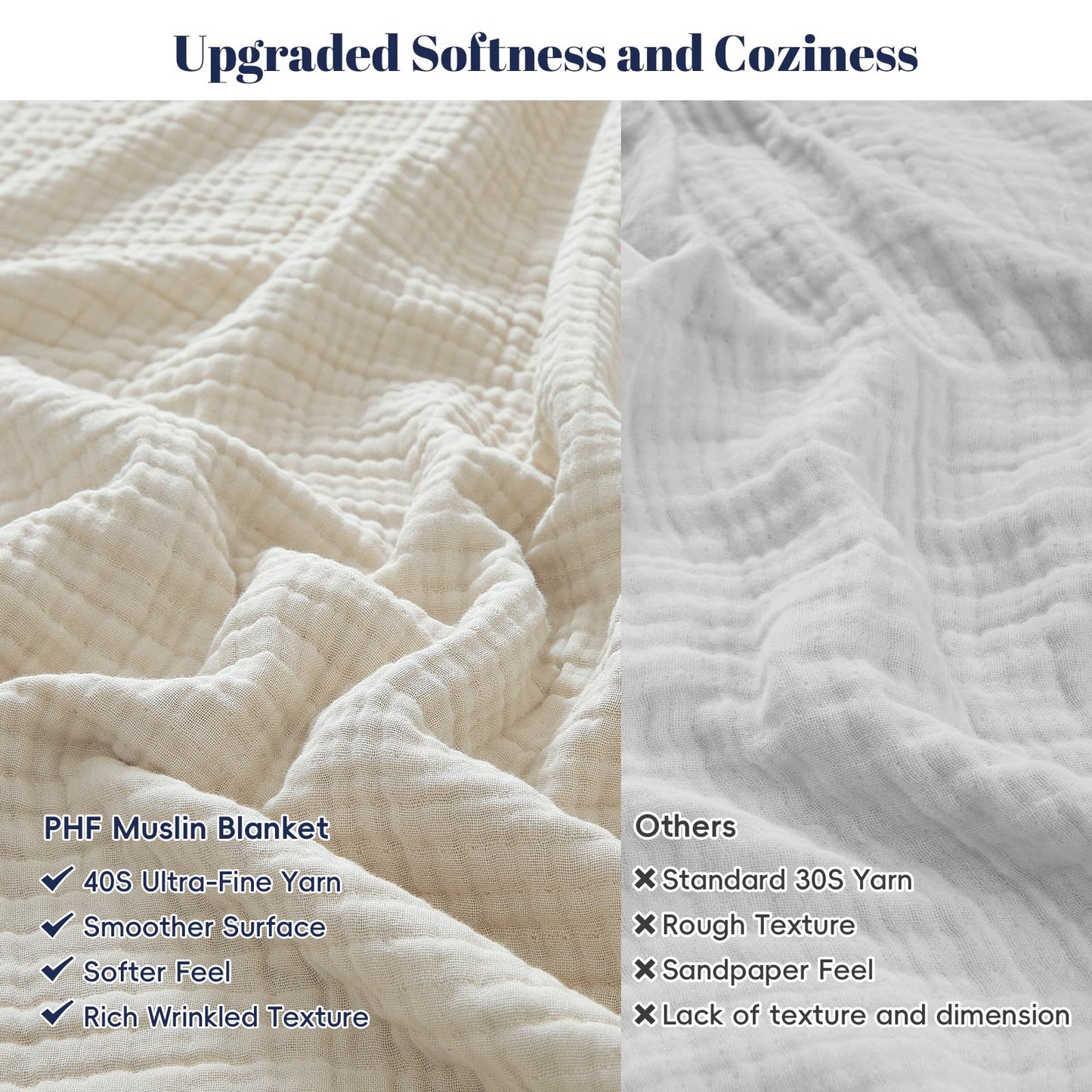PHF 100% Cotton Muslin Throw Blanket 50" x 60", 4-Layer Lightweight and Breathable Blanket, Luxuriously Soft Gauze Throws for Couch Bed Sofa, Ideal Gift Choice, Oat Milk