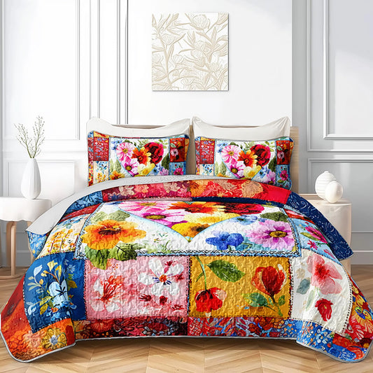 QOOMO Cute Flowers Kids Quilt Set,Watercolor Plants Print Bedding Set Twin Size,Color Room Decoration Soft and Lightweight for All Seasons,1 Quilt Set 2 Pillowcases