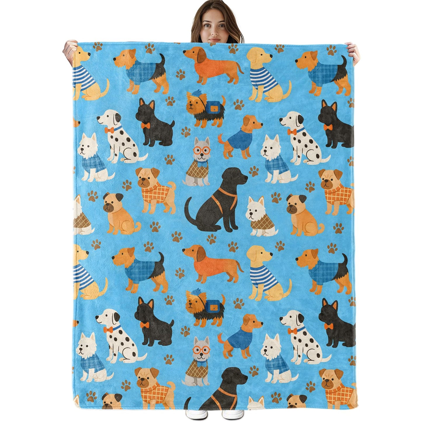 Cute Dog Blanket, Lightweight Cozy Adorable Puppy and Paw Prints Throw Blanket Gifts for Women Girls Kids Pet Lovers, 50×60 Inch Soft Warm Flannel Throws for Bed Decor Travel Couch