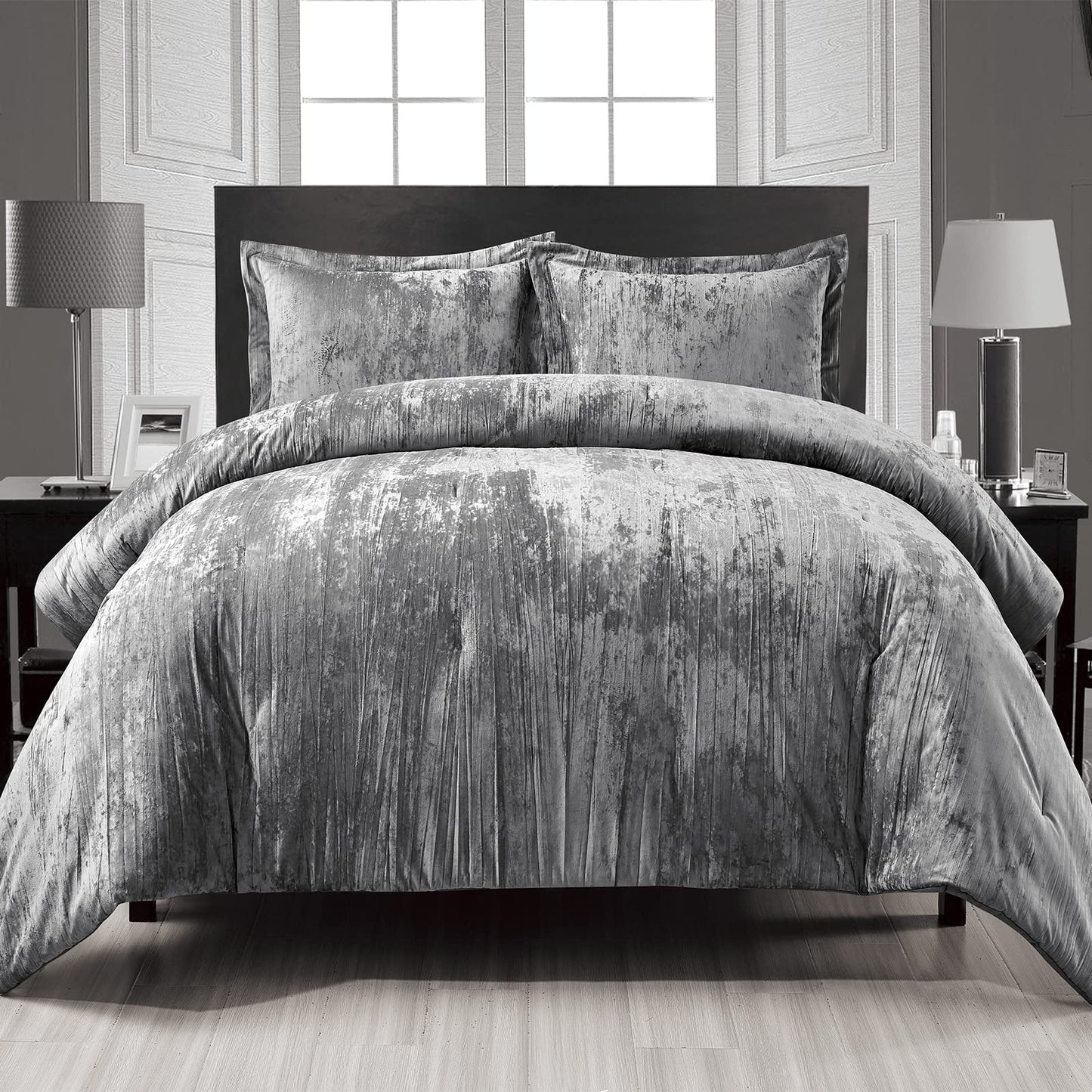 Fredsure Crinkle Velvet Comforter Set, 3 Pieces Grey King, Crinkle Velvet Face and Brushed Microfiber Reverse, with Light Poly Fill