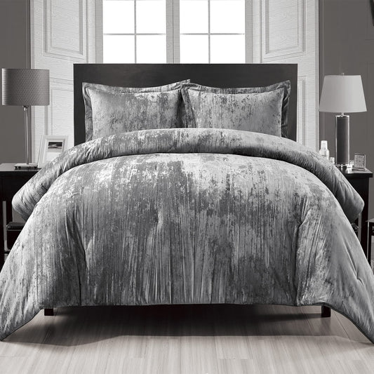 Fredsure Crinkle Velvet Comforter Set, 3 Pieces Grey King, Crinkle Velvet Face and Brushed Microfiber Reverse, with Light Poly Fill
