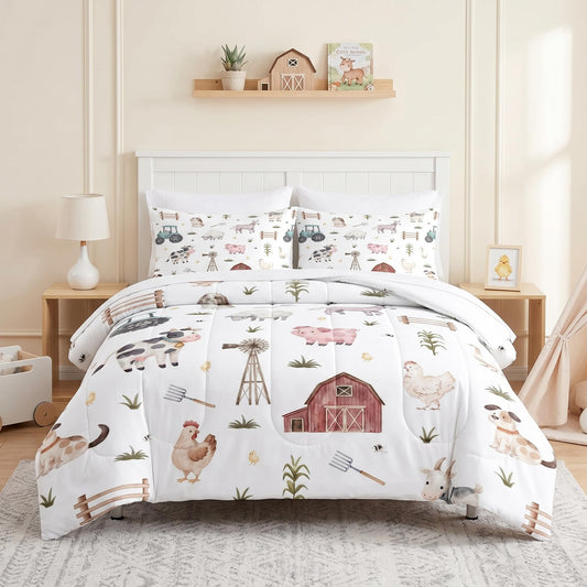 Pamnest Comforter Set Queen Size, Farm Animal 7 Pcs Bedding for Kids and Adults, Cute Tractor Bed Sheet Sets with Fitted Sheet 2 Pillowcases & 2 Shams for Bedroom Bed Decor