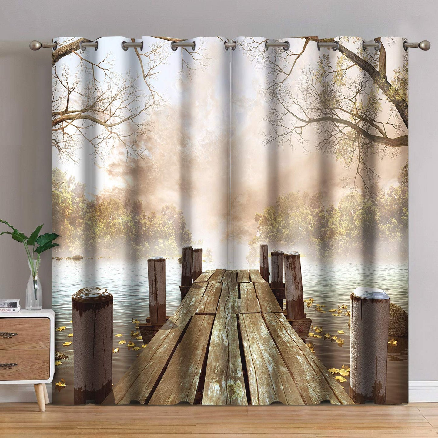 Jekeno Old Wood Jetty Foggy Forest Blackout Curtains Wooden Lake Fall Nature Landscape Autumn Fallen Leaves Decor Home Bedroom Living Room Darkening Grommet Window Drapes 2 Panel Set, 52"x84"