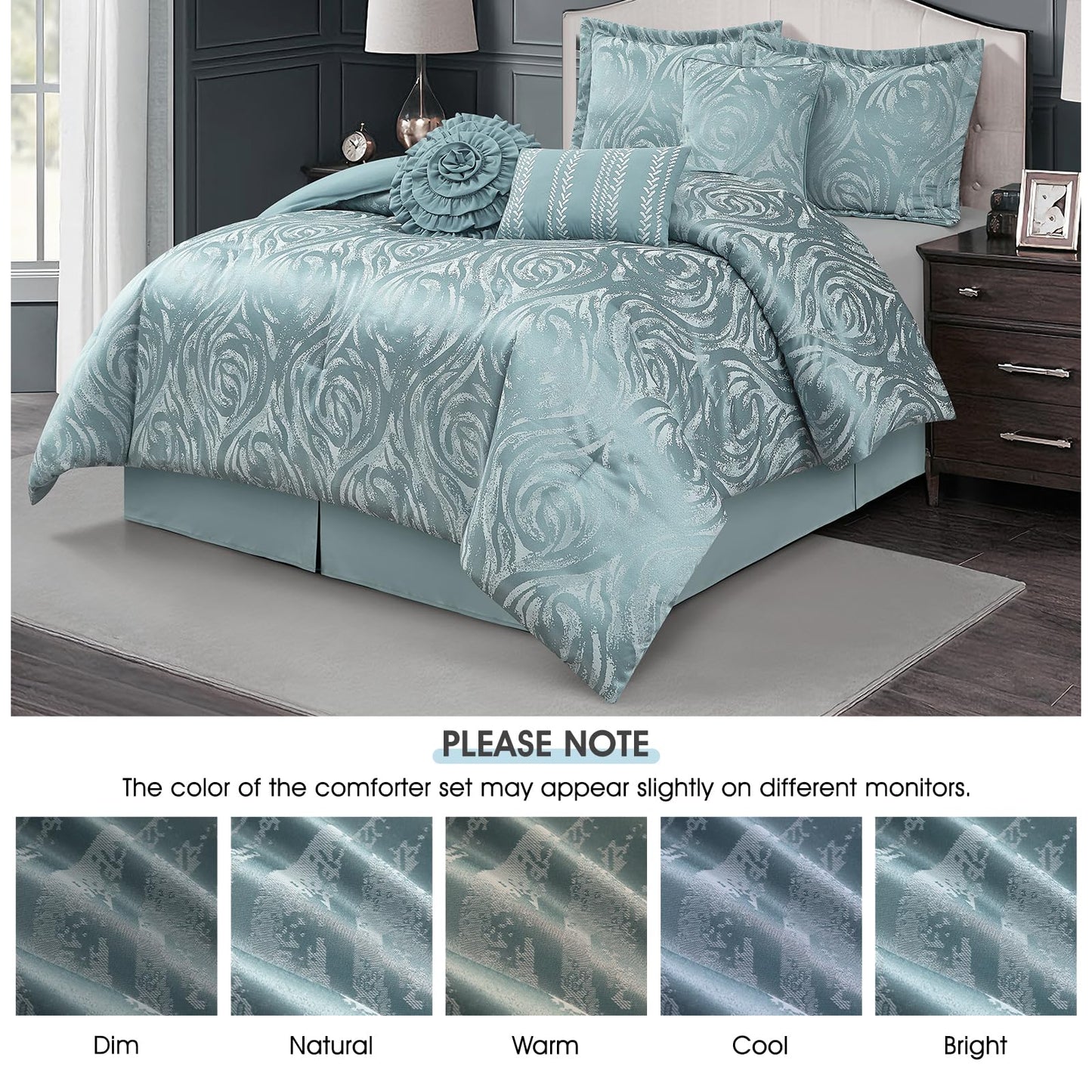LANCO MODERN LIFESTYLE Blue 7 Piece Comforter Set, King, Elegant Floral Jacquard, Ultra Soft Bed Set for All Seasons, Bed in a Bag, Include Comforter, Bed Skirt, Pillow Shams & Decor Pillows
