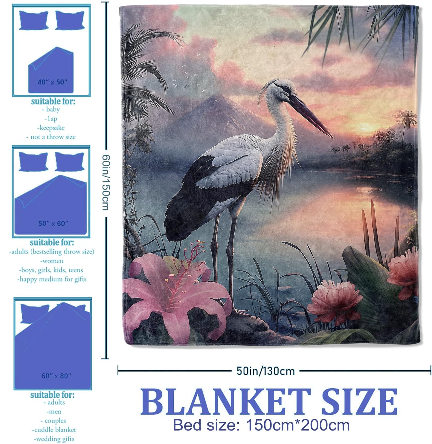 Plistiz Serene Crane Throw Blanket 50x60 Inch, Wildlife Themed Blankets for Tranquil Home Decor, Crane in a Mystical Landscape, Flannel Polyester, Peaceful Gift for Bird Watchers
