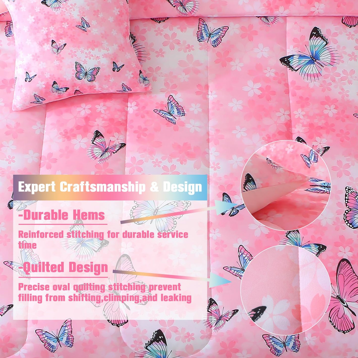 JQinHome 6 Piece Butterfly Comforter Set Twin, 3D Pink Flower Printed Bedding Set, All Season Microfiber Butterfly Theme Home Decor Bedding for Girls with Sheet Sets (Pink)