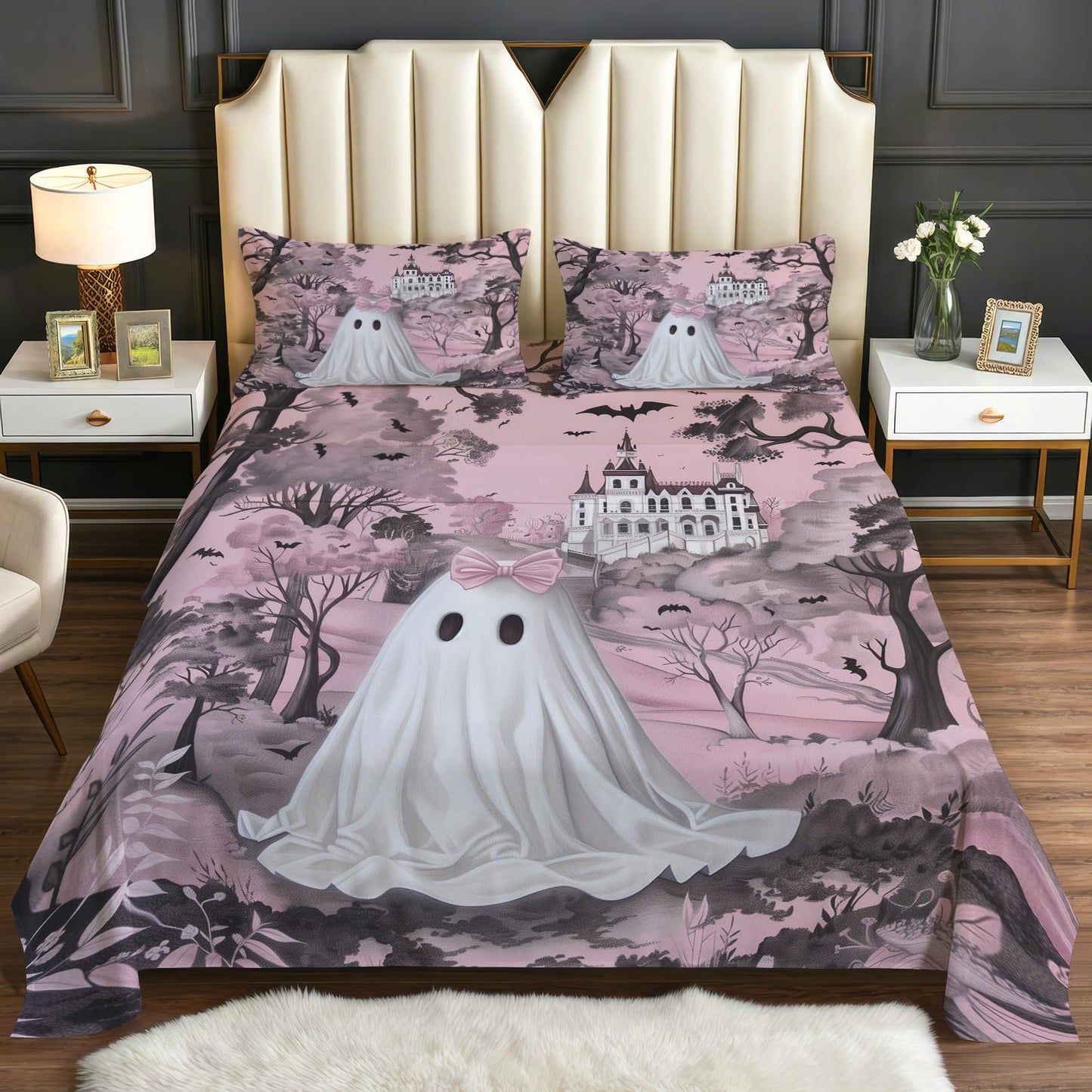 Pink Ghost Sheets Twin Size - Cute Halloween Gothic Spooky Bed Sheet Set - Deep Pocket Soft Microfiber Bedding Set 3 Piece - Fitted Flat Sheet Pillowcase - Pink Ghost Bedroom Decor & Gifts