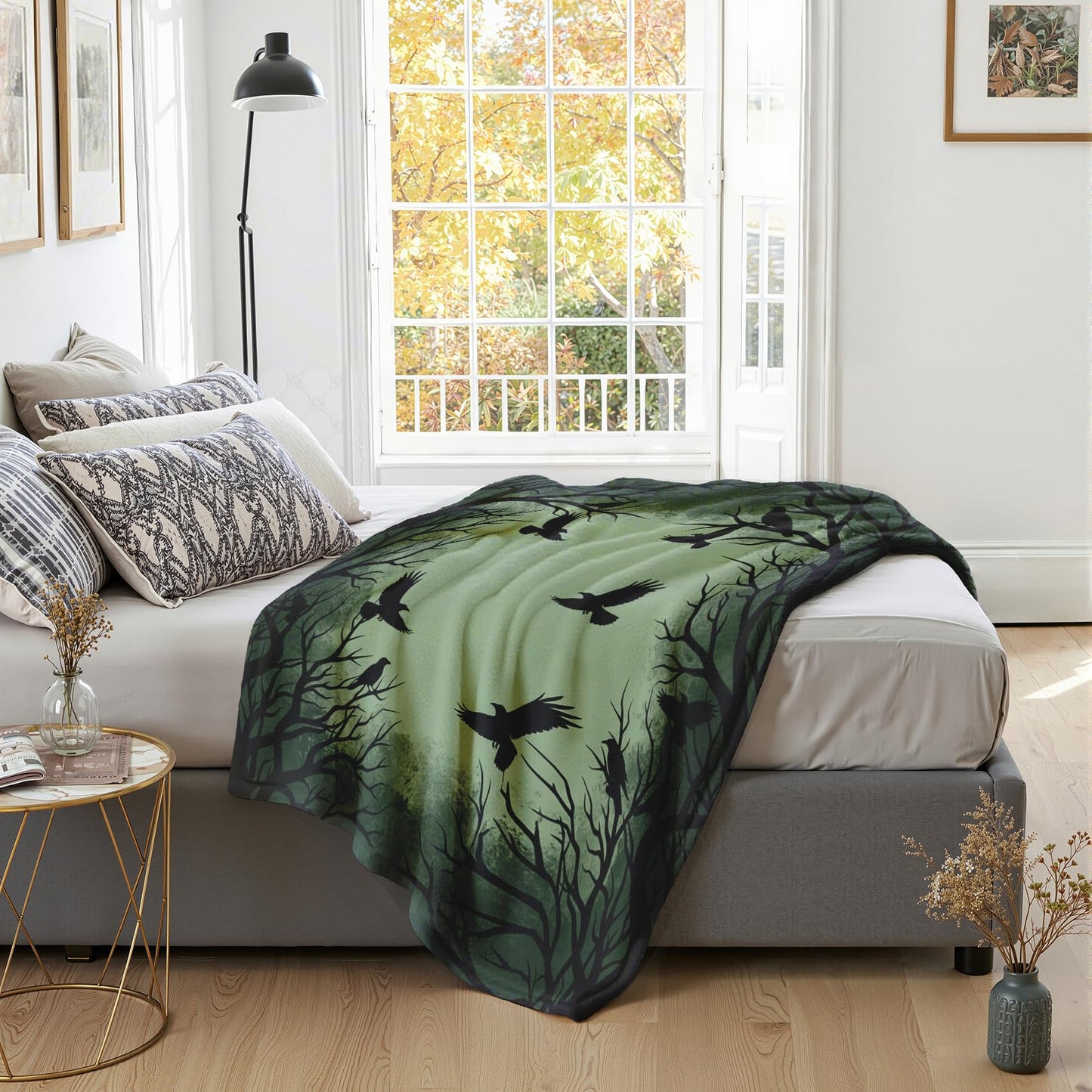 GEDAEUBA Gothic Crow Blanket - Halloween Raven Dead Tree Fleece Blanket Twin XL, Soft Cozy Blankets & Throws for Couch, Bed, and Sofa, 66x90 inches
