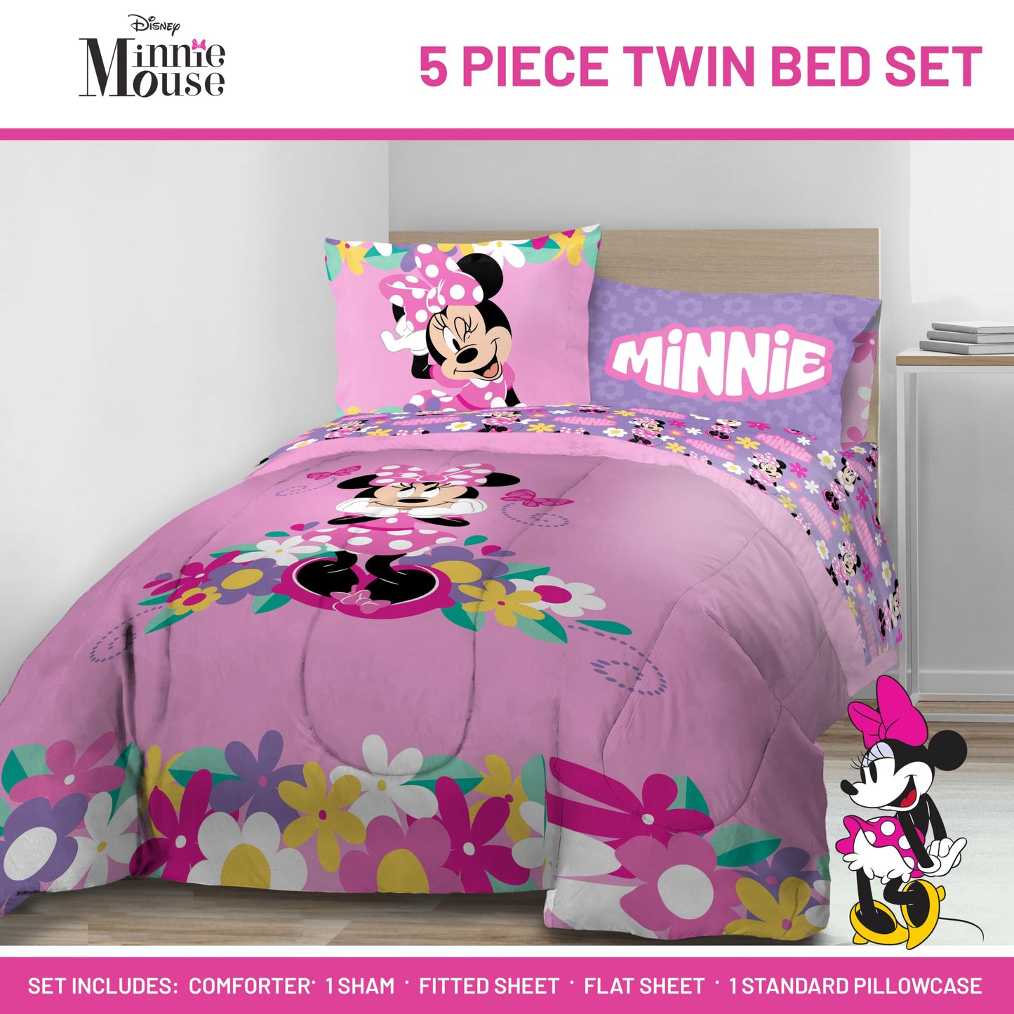 Disney Minnie Mouse 5 Piece Twin Bed in a Bag - Kids Comforter Set with Sheets & Sham, Super Soft Fade Resistant Brushed Microfiber, Machine Washable Girls Bedding, Pink (Official Disney Product)