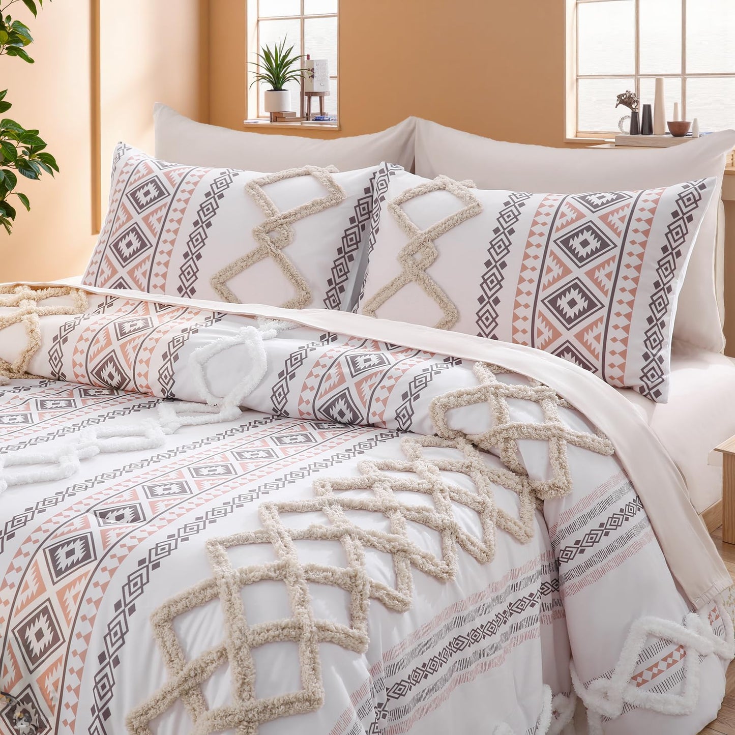 MOVE OVER Beige Tufted Comforter Set Queen Size 7 Pieces Farmhouse Bedding Set Boho Aztec Comforter Set and Sheet Set Mid Century Boho Tufted Comforter Set for All Seasons
