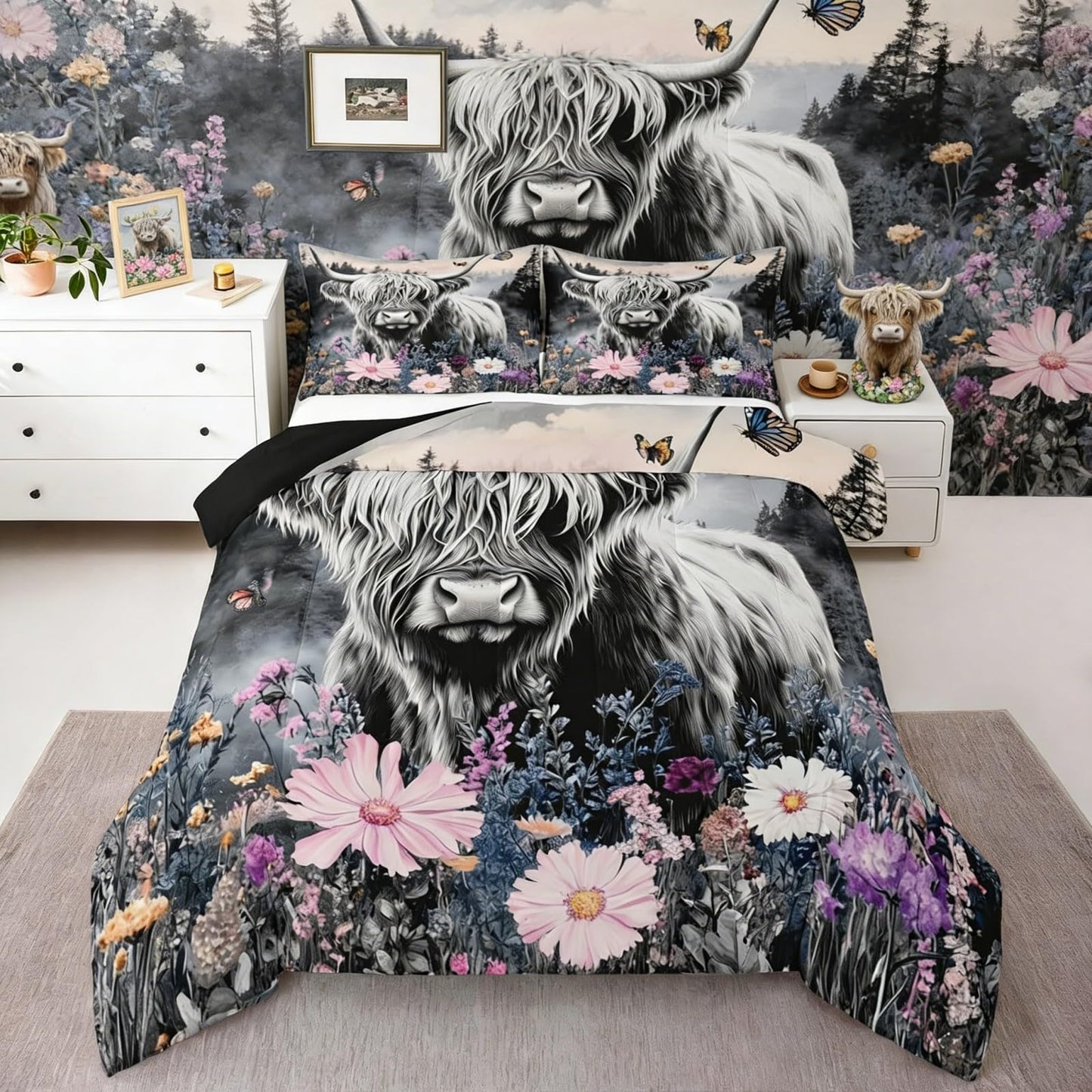 Erosebridal Highland Cow Flower Comforter Set Full Size Bull Cattle Bedding Set Western Funny Animal Duvet Stuffing Wildlife Farmhouse Cow Bed Quilt Mountain with Firforest Bedroom Decor