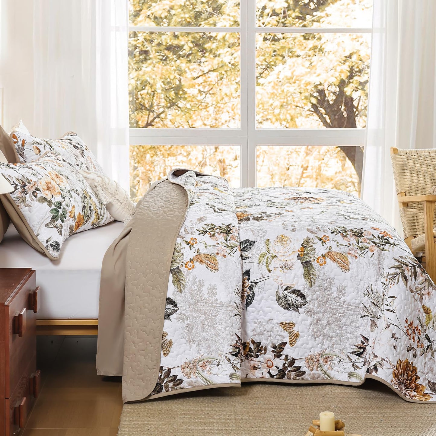 Anibedding Floral Quilt Set Queen Size,Brown Bontanical Quilt Queen Size,Garden Style Bedspread with Soft Lightweight Reversible Coverlet Set for All Season(96"x90")