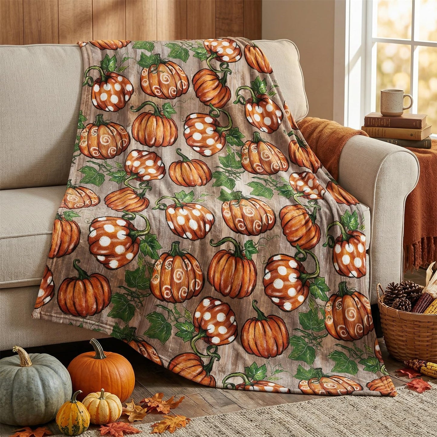 Horaldaily Fall Flannel Blanket Throw, Orange Wood Plank Grain Pot Pumpkin Soft Fuzzy Plush Cozy Fleece Blankets for Couch Sofa Bed Lounging, Ideal Gifts for Kids Adults Wife Self, 50x60