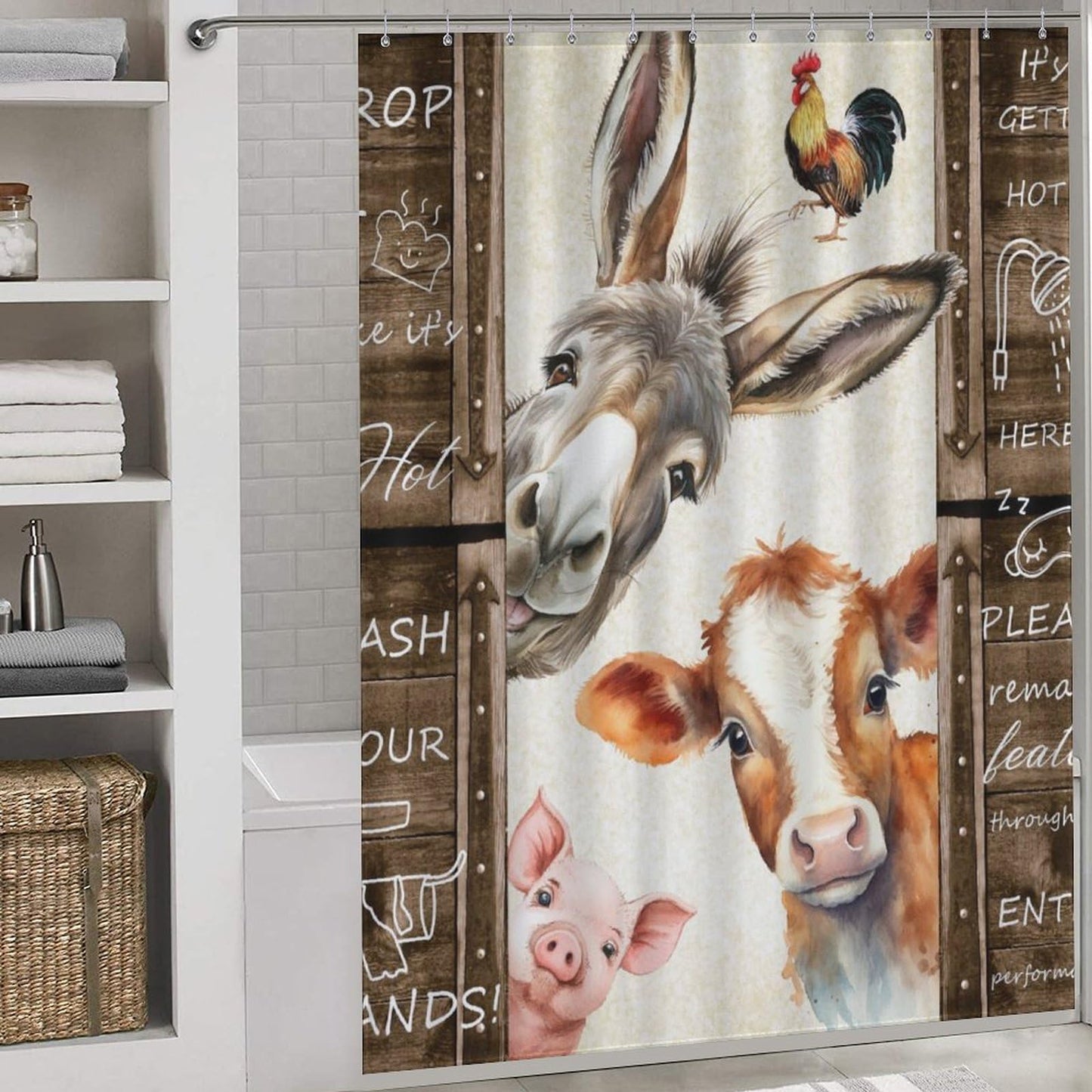 Drapeloft Farmhouse Shower Curtain, Rustic Farm Animals Cow Chicken Pig Donkey Animal Rustic Farmhouse Brown Rural Country Style Waterproof Fabric Bathroom Shower Curtain Set with Hooks, 72"x72" Inch