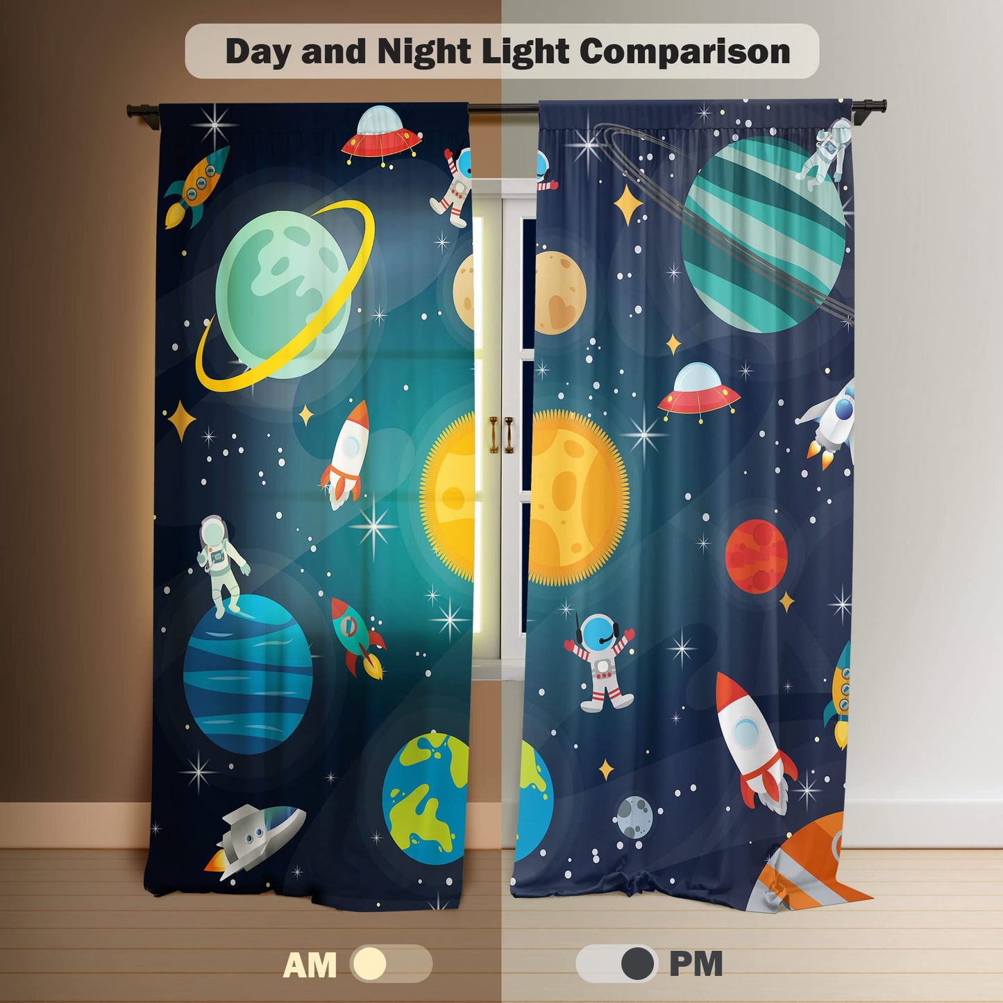 Yilinata Outer Space Window Curtains for Kids Boys Girls Universe Planet Galaxy Astronaut Baby Living Room Bedroom Nursery Toddler Home Rod Pocket Drapes Party Decor Durable Fabric 84 in x 84 in