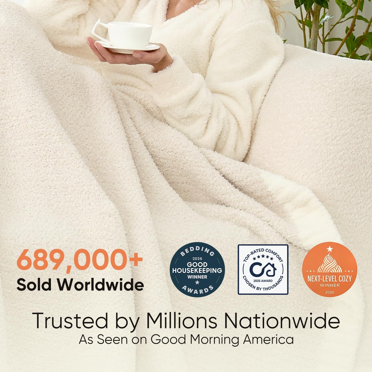 Snuggle Sac Buttery Ivory Throw Blanket for Couch, Reversible Super Soft Knitted Blankets, Warm Cozy Knit Fuzzy Plush Lightweight Throws Dupes for Sofa, Bed, Picnic, Ivory, 50 x 60 inches