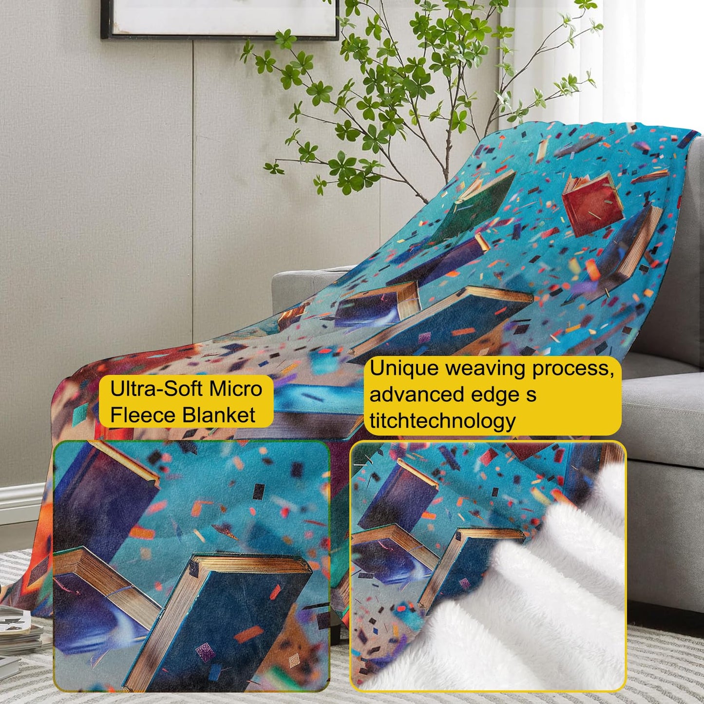 VANZEV Book Blanket,Reading Flannel Throw Blankets,Soft Warm Lightweight Cozy Plush Throws for Bedroom Sofa Home Decor Graduation Gifts for Book Lovers Women Girls 50"x60"