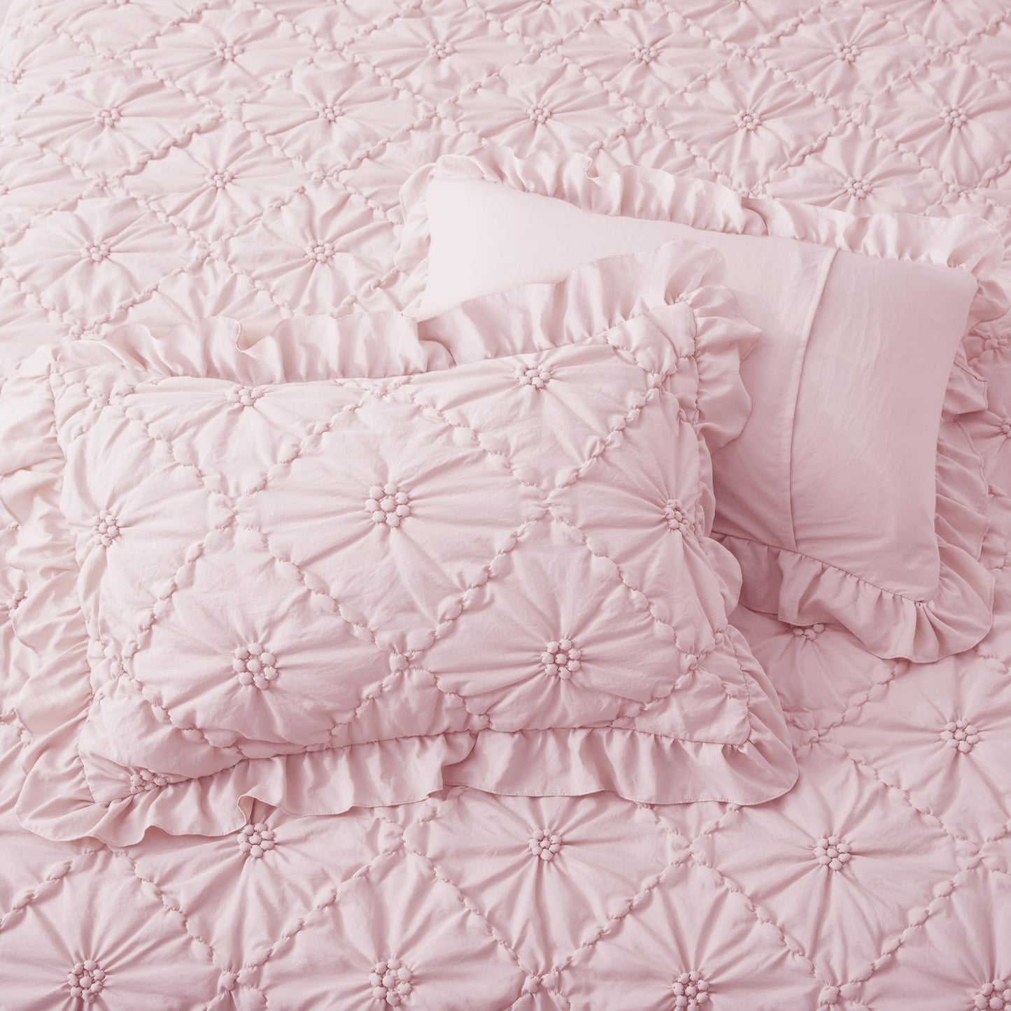 BEDAZZLED King Size Comforter Sets, Pink Bedding Comforter Set, 3 Pieces Pinch Pleat Bedding Sets with Comforter and Pillowcases Soft Farmhouse Shabby Chic Comforter for All Seasons