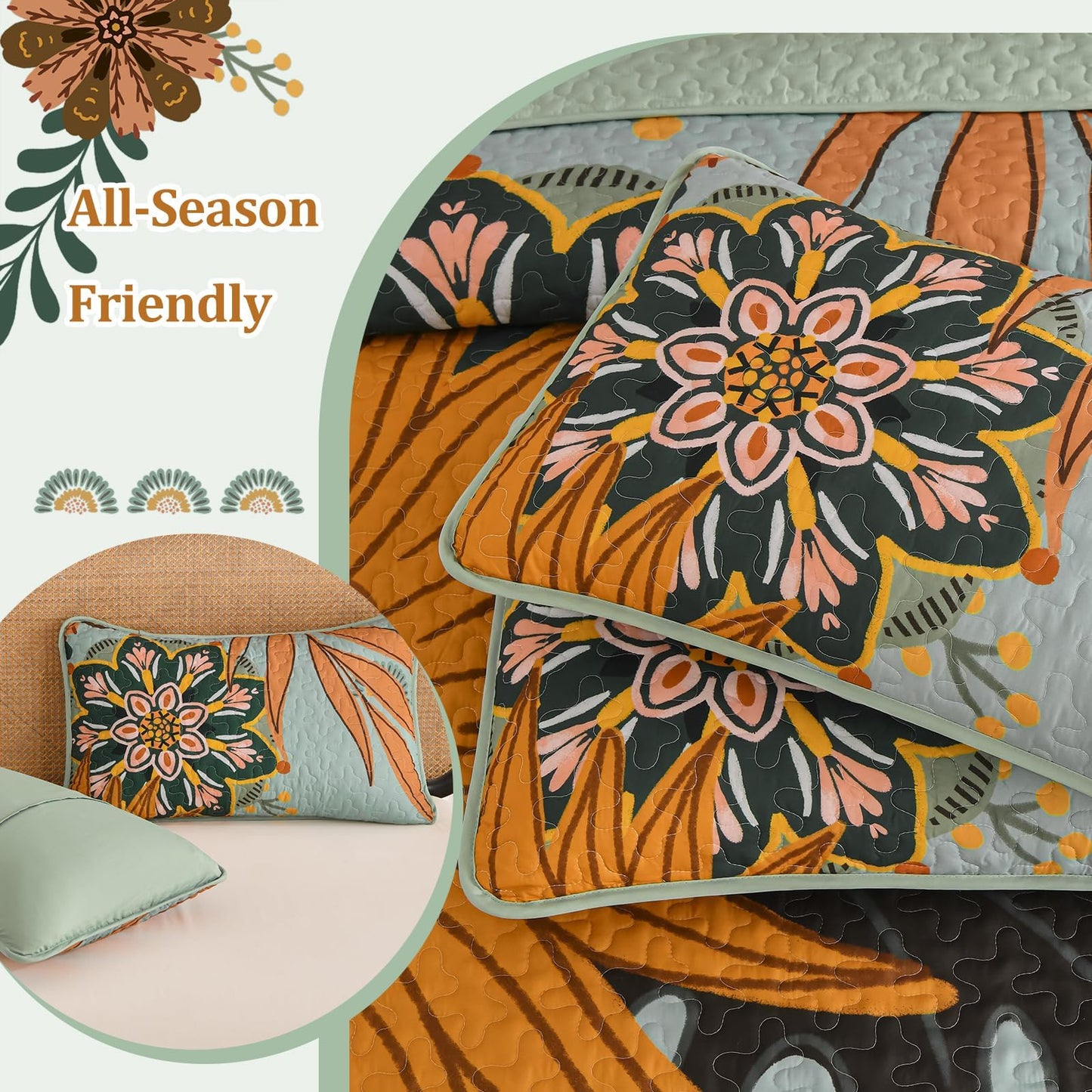 DJY Boho Floral Quilt Set Queen Size Sage Green Bedspread Coverlet Botanical Farmhouse 3 Piece Quilt Bedding Set, Reversible Microfiber Bed Cover for All Season, 90''x96''