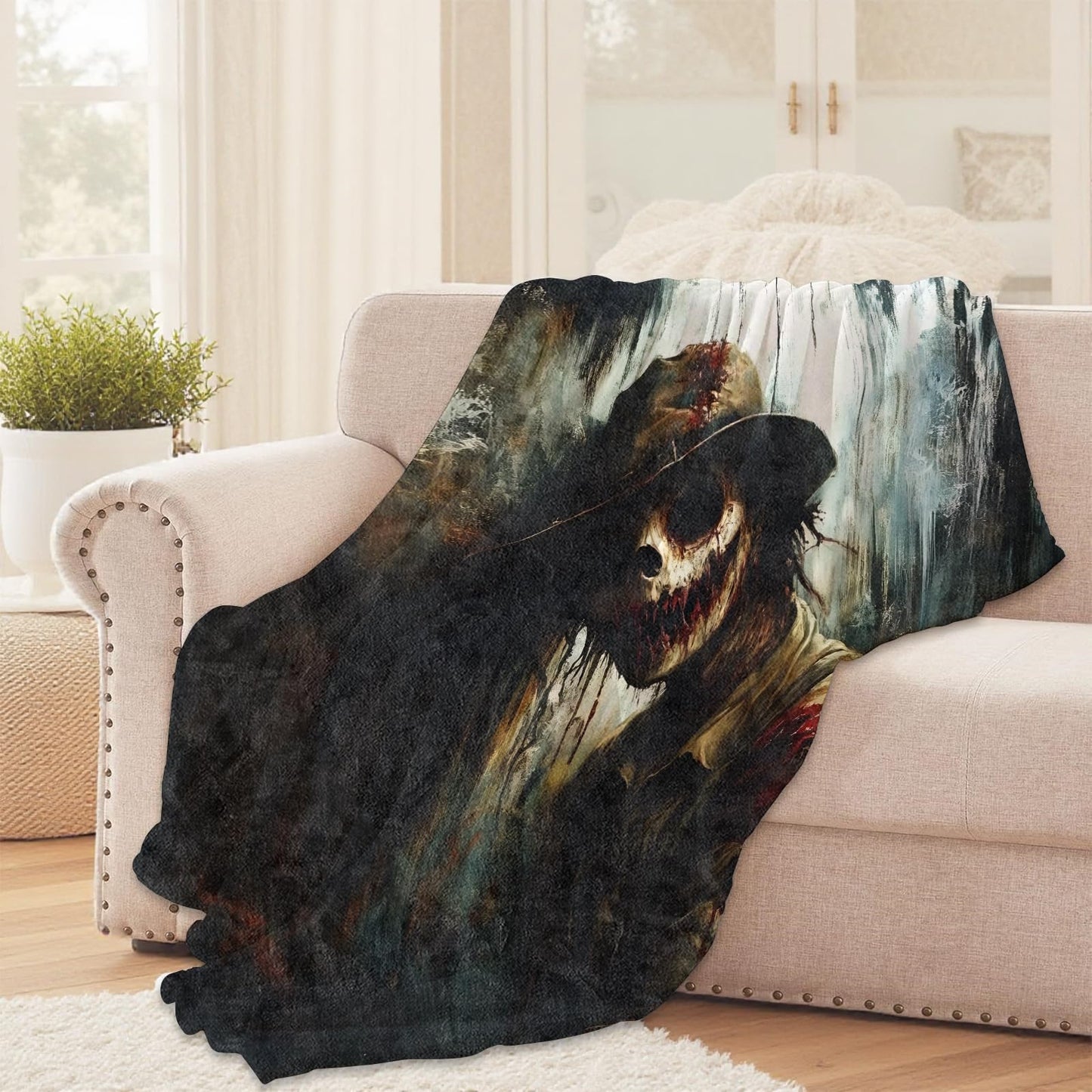 Creepy Horror Skull Face Throw Blanket for Girls Boys Kids Adults, 50x60 in, Cozy Flannel Blanket for Bedroom, Camping, Couch, Room Decor, Fuzzy Warm Soft Gifts