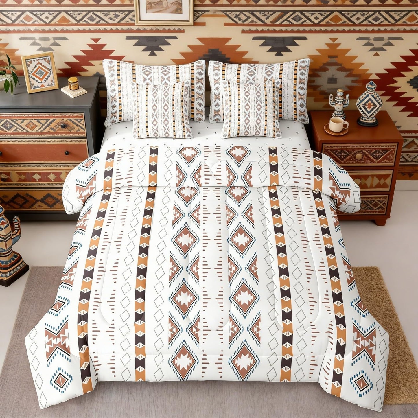 Bohemian Bed in a Bag Queen Comforter Set 7 Piece Geometric Triangle Western Bedding Sets Boho Striped Aztec Comforter and Sheet Set, Country Rustic Bed Sets Exotic Nordic Southwestern Decor,White