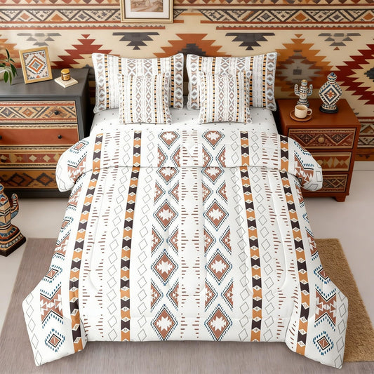 Bohemian Bed in a Bag Queen Comforter Set 7 Piece Geometric Triangle Western Bedding Sets Boho Striped Aztec Comforter and Sheet Set, Country Rustic Bed Sets Exotic Nordic Southwestern Decor,White
