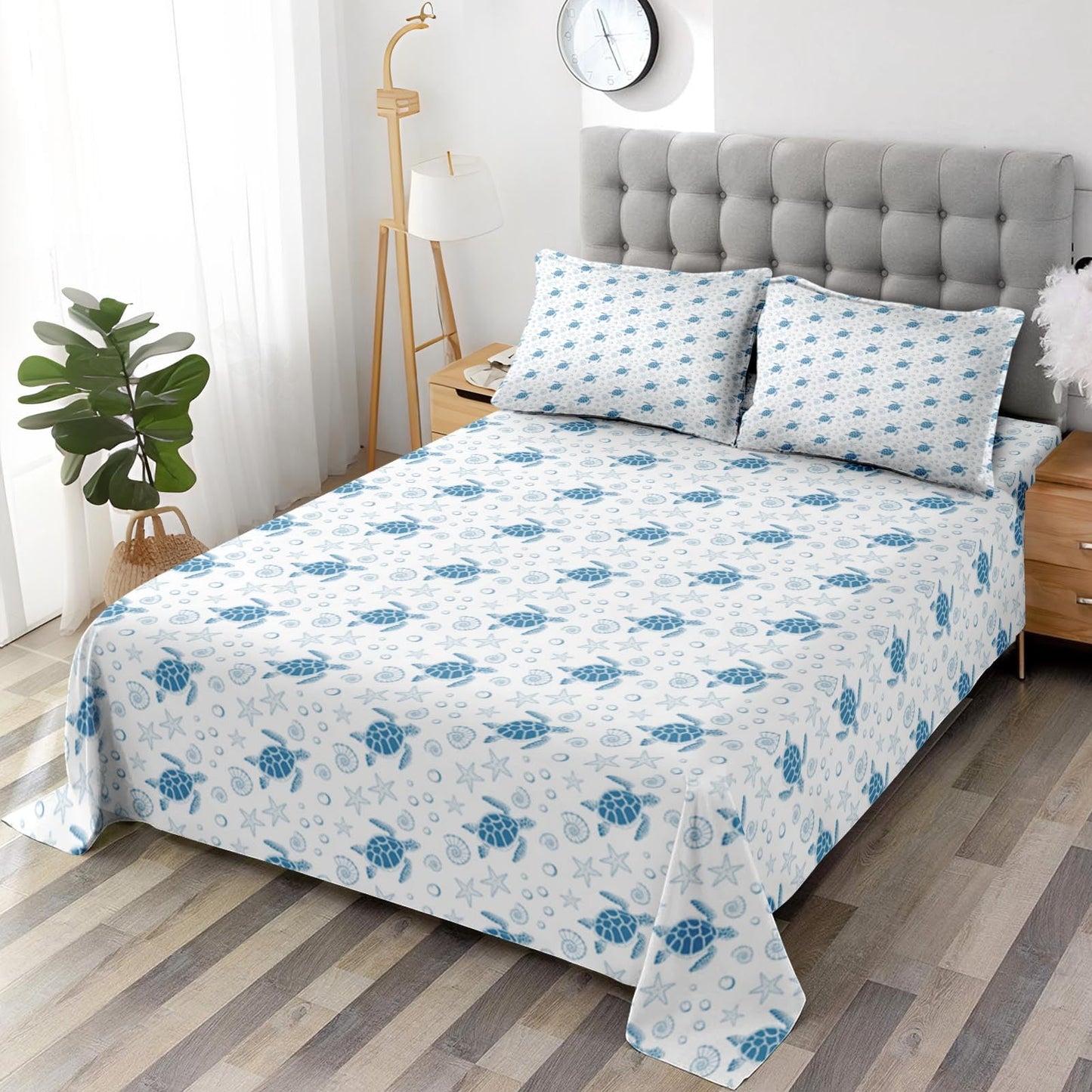 Pamnest Queen Size Bed Sheet Sets, Sea Turtle Ocean Soft Microfiber 4 Pcs Bedding Sets for Kids and Adults Bedroom Bed Decor, Animal Starfish Beach Flat, Fitted Sheet and 2 Pillowcases