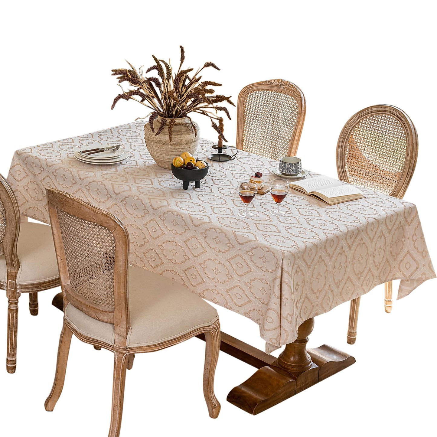 Qubjus Elegant Embossed Jacquard Square Tablecloth with Faux Linen Texture Durable Hemmed Edge Table Cloth Decorative Table Cover for Dining and Party (55''x55'', Begonia Beige)