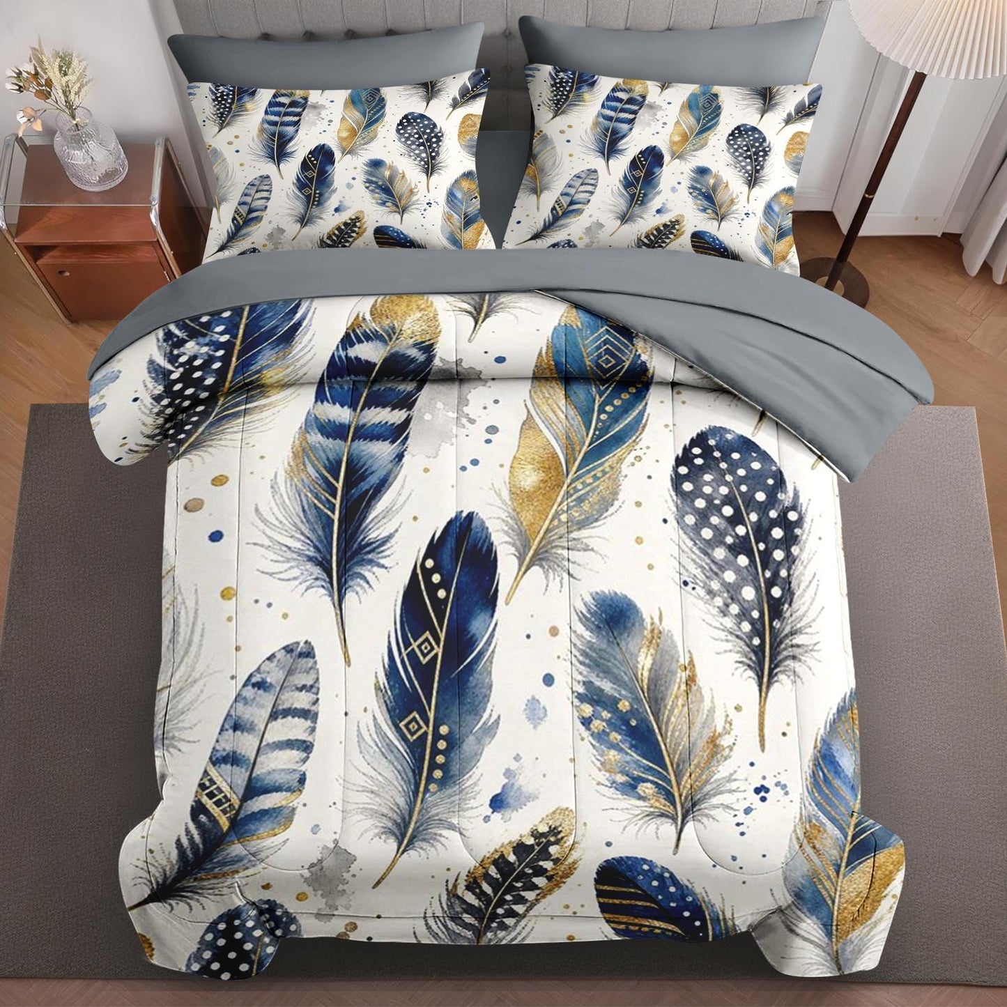 Boewywh Comforter Set Twin Size Feather Boho Navy 7 Pcs, Bedding for Kids and Adults, Gold Western Bed Sheet Sets with Fitted Sheet 2 Pillowcases & 2 Shams for Bedroom Bed Decor