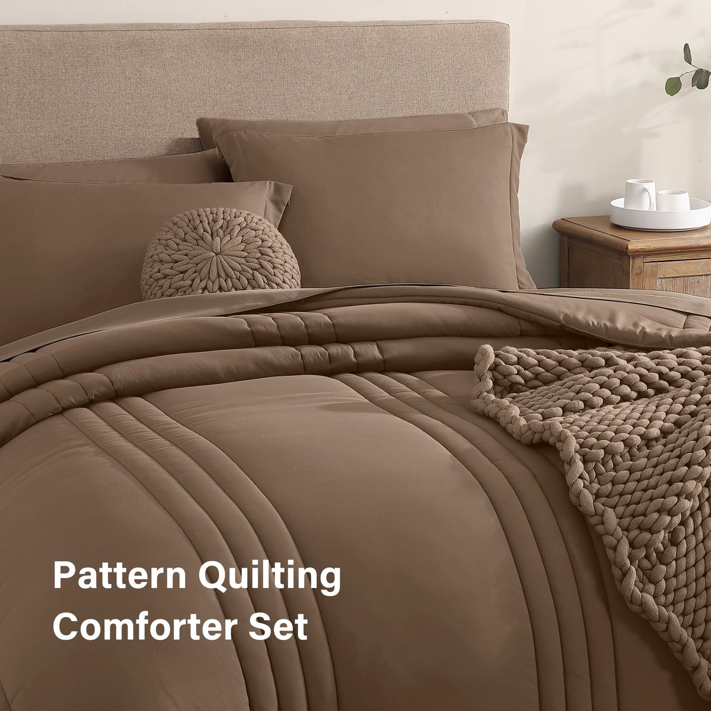 Monbix Queen Comforter Set - 7 Pieces Raw Umber Bed in a Bag Queen Bedding Sets with Comforters, All Seasons Comforter Bed Set with Sheets, Pillowcases & Shams