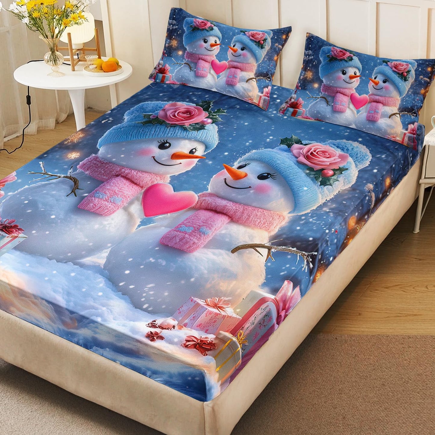 HOSIMA Snowman Twin Fitted Sheet,Cute Snowmen Looking at Each Other,Flowers Gifts Pattern Christmas Bedding Set Romantic Themed Couple Bedding for Women Bedroom Decor,1 Fitted Sheet+2 Pillowcases.