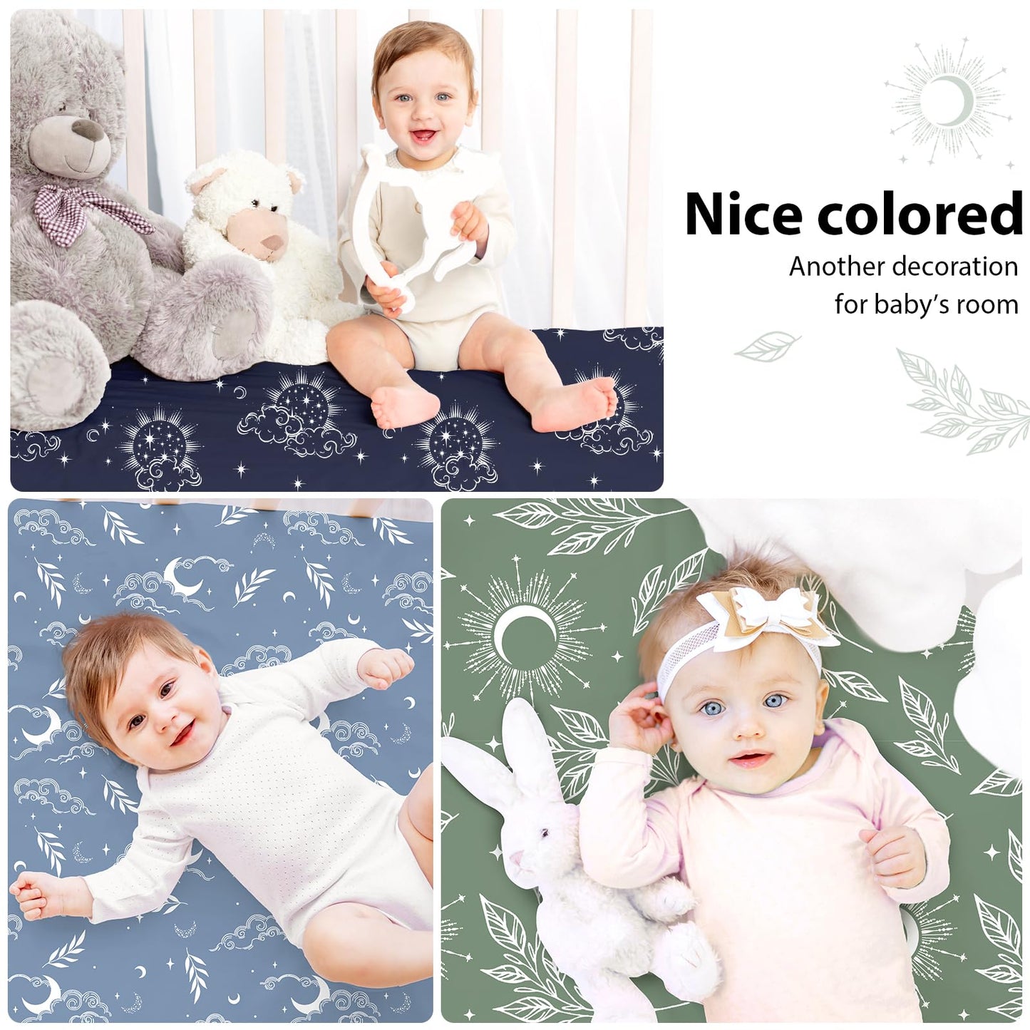FIEMOL Baby Crib Sheets for Boys and Girls, 3 Pack Fitted Toddler Bed Sheets Neutral for 52”x28” Standard Crib and Toddler Mattresses, Super Soft Microfiber Green Starry Sky