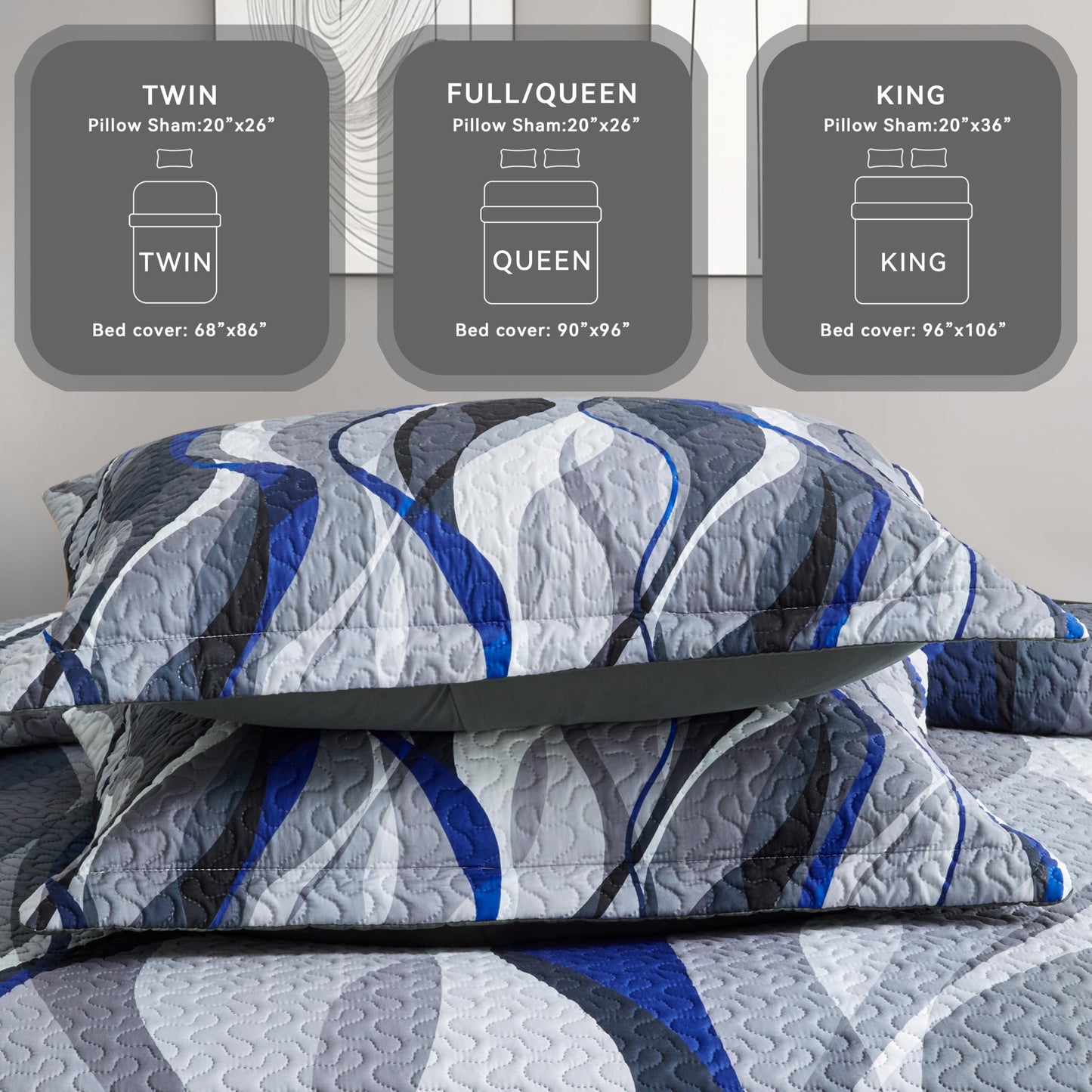 weesire Queen Quilt Bedding Set Blue Black Comforter Set Stripe Full Size Bedspreads with 2 Shams, Modern Pattern Lightweight Breathable Coverlet, 90''X96''