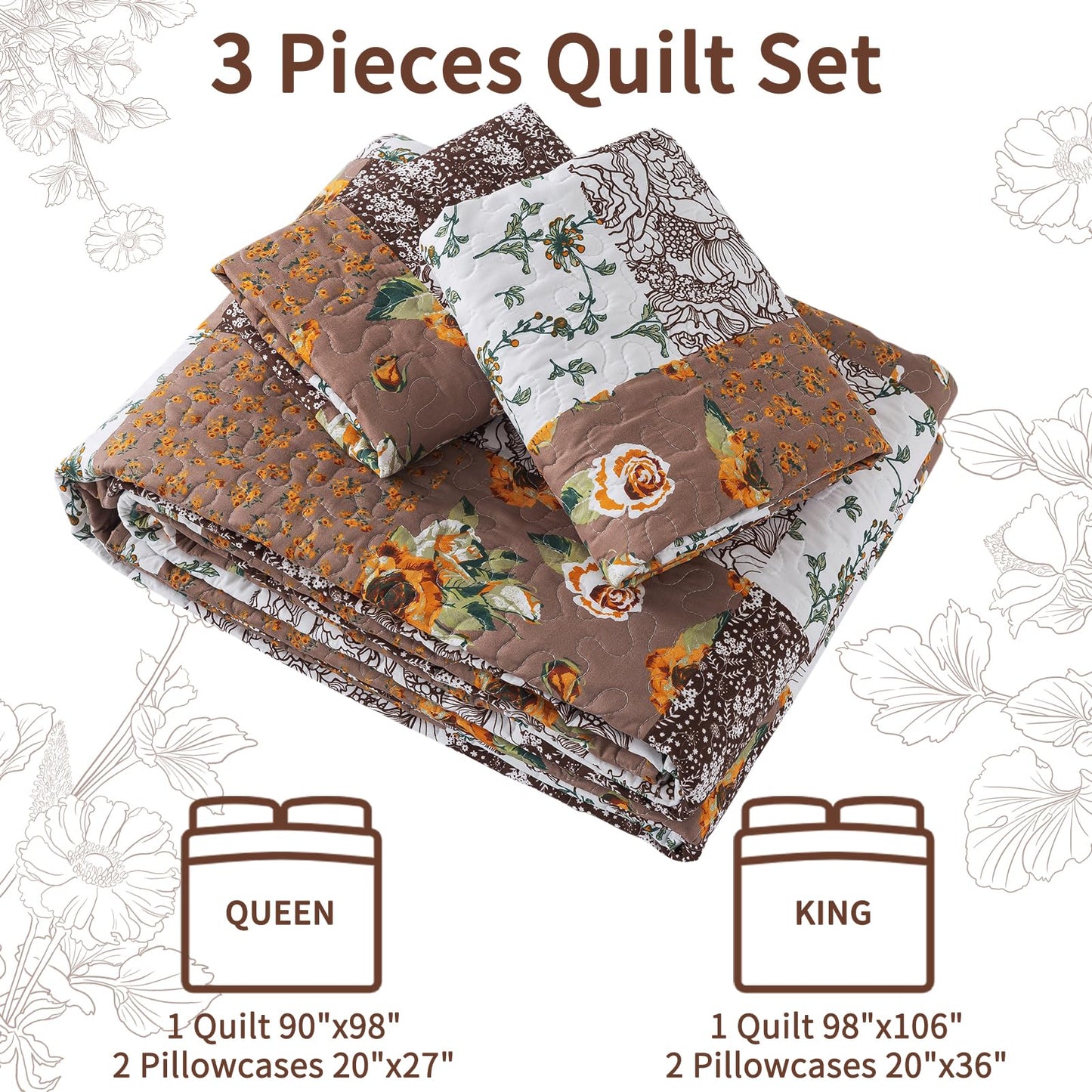 VAPUTAR Quilts Queen Size, Quilt Bedding Set with Floral Pattern, Soft and Breathable Coverlet Set, Lightweight Reversible Bedspread Suitable for All Season (90X98 inch, Brown)