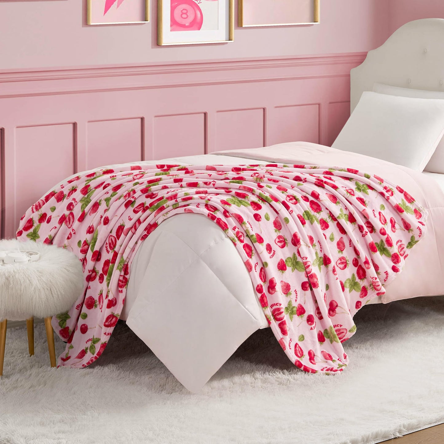 Juicy Couture Berry Happy 50" x 70" Plush Throw Blanket, Pink - Decorative Blankets for Sofas, Throws for Chairs, and Beds