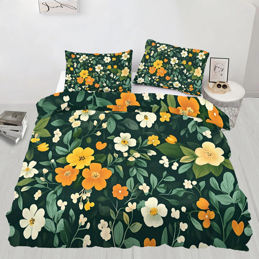 PAISUOQ Floral Bedding, Boho Floral Comforters Queen Size, Cartoon Florals Duvet Cover with 2 Pillowcases, 3 Pieces with Zipper & Ties, Home Decor & Gifts