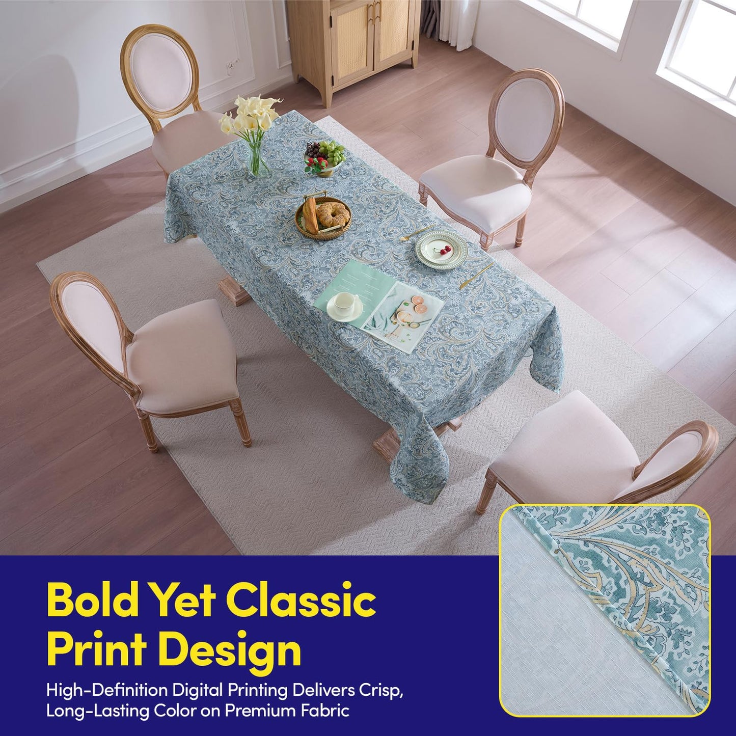 Rectangle Tablecloth 60" x 84" 100% Waterproof Fabric — Wipe-Clean, Tear-Proof Decorative Table Cover for Indoor & Outdoor Dining Elegant Patterns for Kitchens, Dining Rooms, Paisley