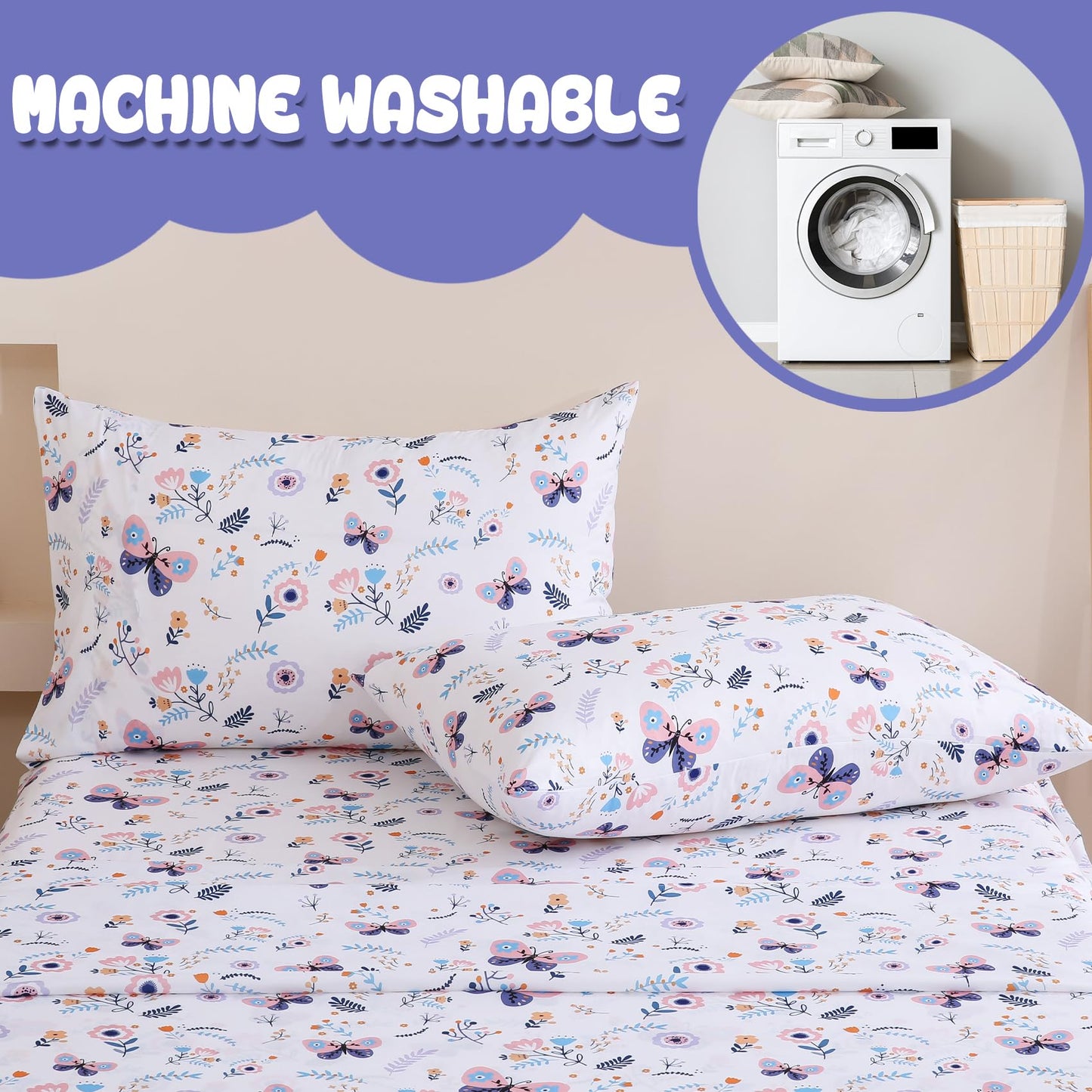 Yibeizi Butterfly Floral Sheet Set for Girls Full, Kids Boho Print Bedsheets Microfiber Deep Pocket Cute Patterned Bed Sheet & Pillowcase Sets 4 Pieces