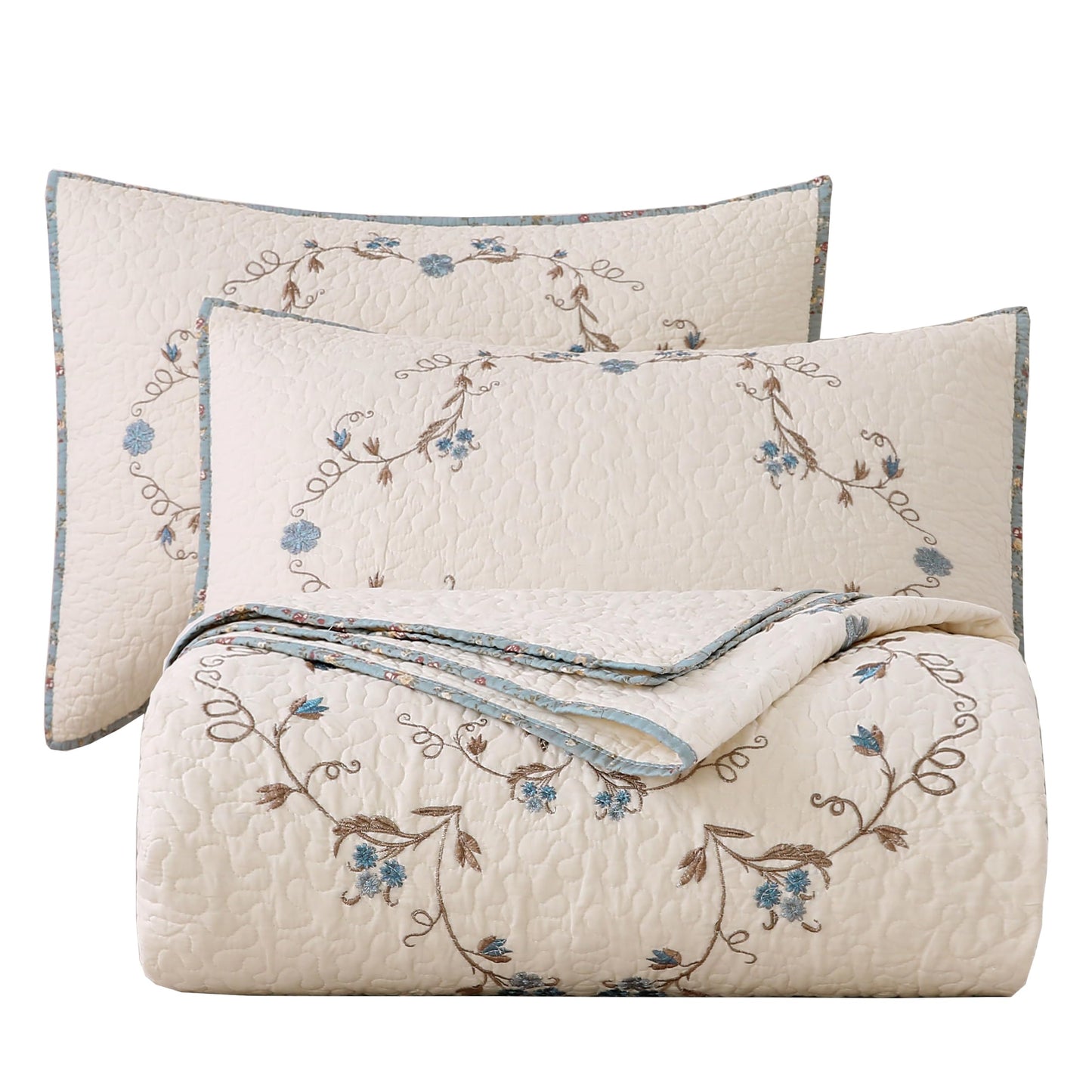 vctops 3-Piece 100% Cotton Bedspread Coverlet Set Twin Size Elegant Floral Embroidered Reversible Patchwork 1 Quilt and 2 Pillow Shams (Flower B,Twin)