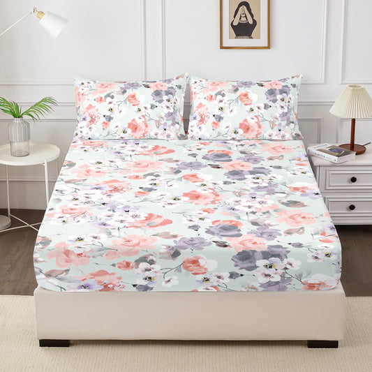 HCORA Floral Fitted Sheet with Pillow Cases, 100% Brushed Microfibre Deep Pocket Fitted Bottom Sheet, Ultra Soft, Shrinkage and Fade Resistant, Full Size