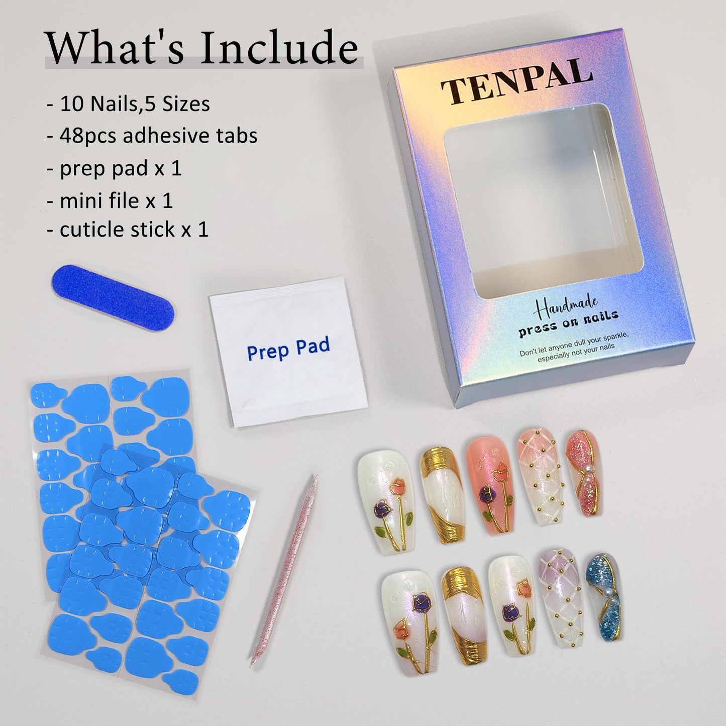 TENPAL 10Pcs Artisan Press on Nails with Kit,Hand-Painted Tulip Coffin 3D Champagne Gold & Heirloom Glitter Fake Nails,Acrylic Glossy Vintage Luxe Gel Effect for Women(XS)