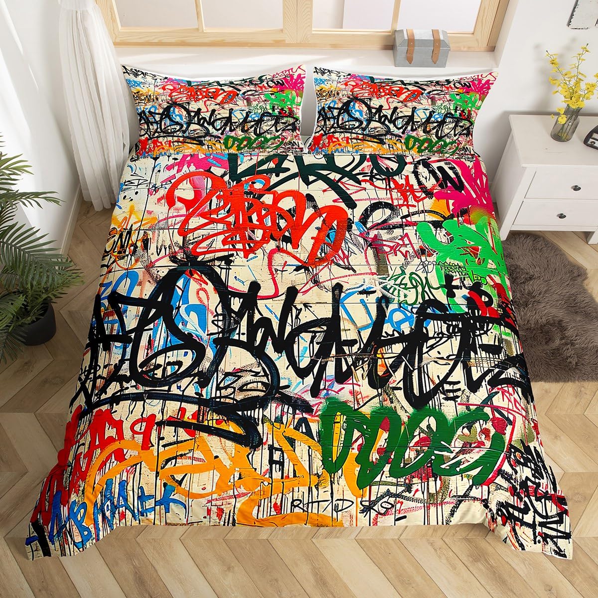 Manfei Graffiti Duvet Cover Set Street Art Hip Hop Bedding Set 3pcs for Kids Boys Girls Modern Fashion Design Comforter Cover Microfiber Bedspread Cover with 2 Pillow Cases(No Comforter) Queen Size