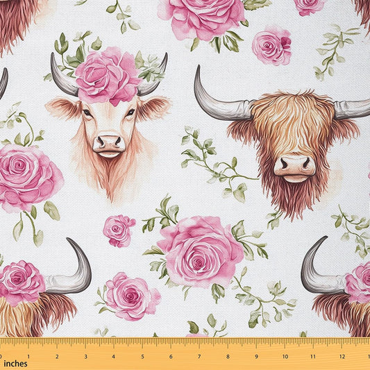 Brown Highland Cow Fabric by The Yard Watercolor Pink Rose Garden Flowers No Stretch Sewing Fabric Farm Animal Romantic Floral Rustic Flannel Polyester Fabric for DIY Projects 1 Yard Pre-Cut,36Lx59 W