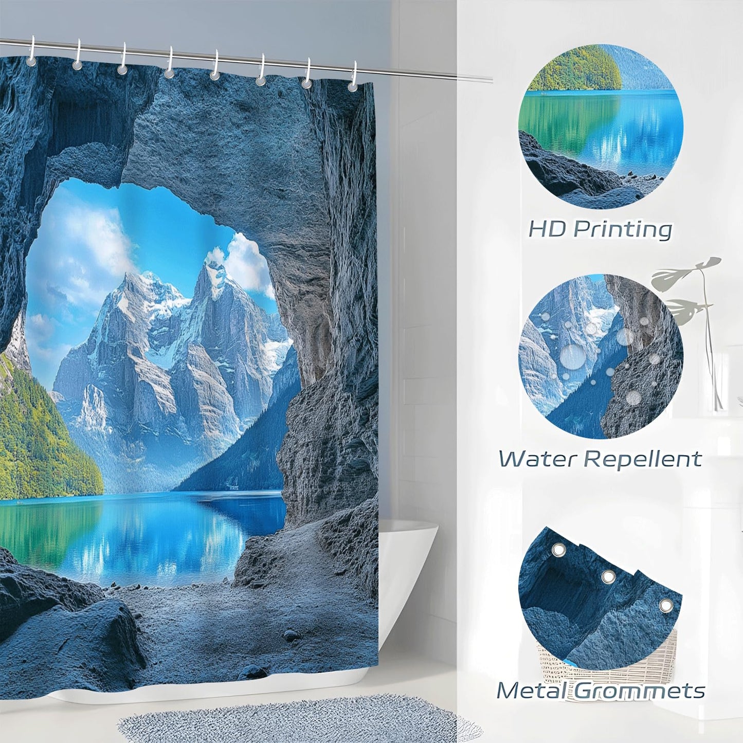 ZROLUW Snow Mountain Lake Shower Curtain Waterproof Soft Polyester Fabric 72" W x 84" L Rock Cave Nature Landscape Shower Curtains with Grommets Bathroom Accessories Decor