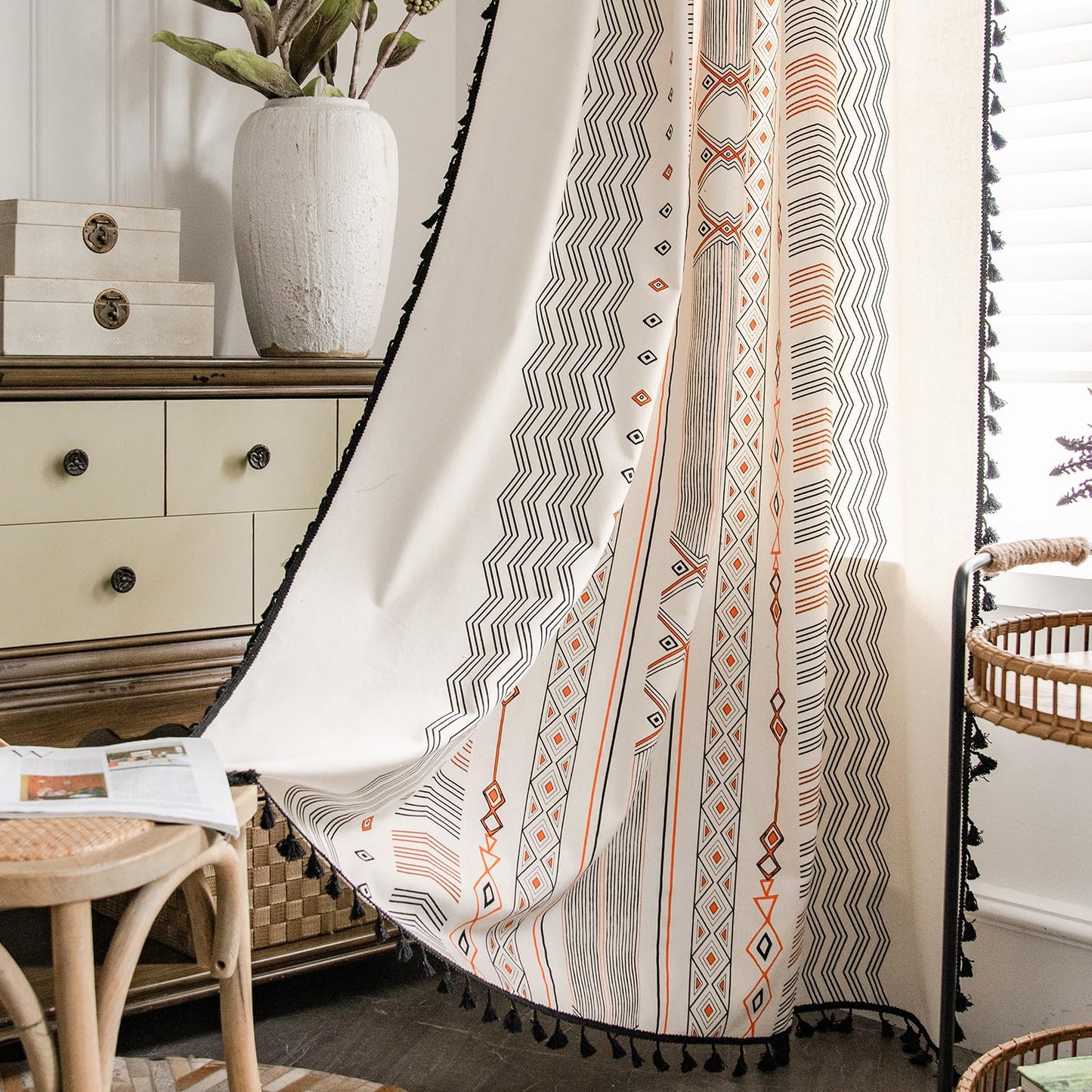 ColorBird Boho Curtains 2 Panels 84 Inches Length Orange Patterned Window Treatment Striped Geometric Aztec Western Curtain & Drapes for Living Bedroom Dining Room Boho Chic Deco